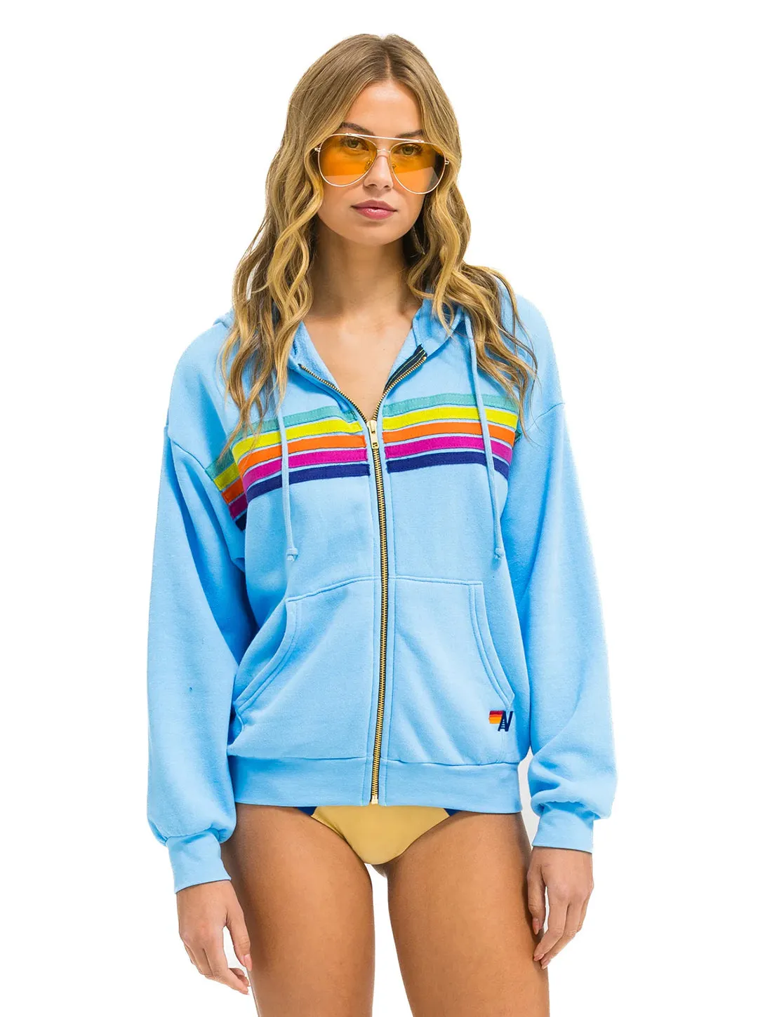 5 Stripe Zip Hoodie - Sky/Rainbow