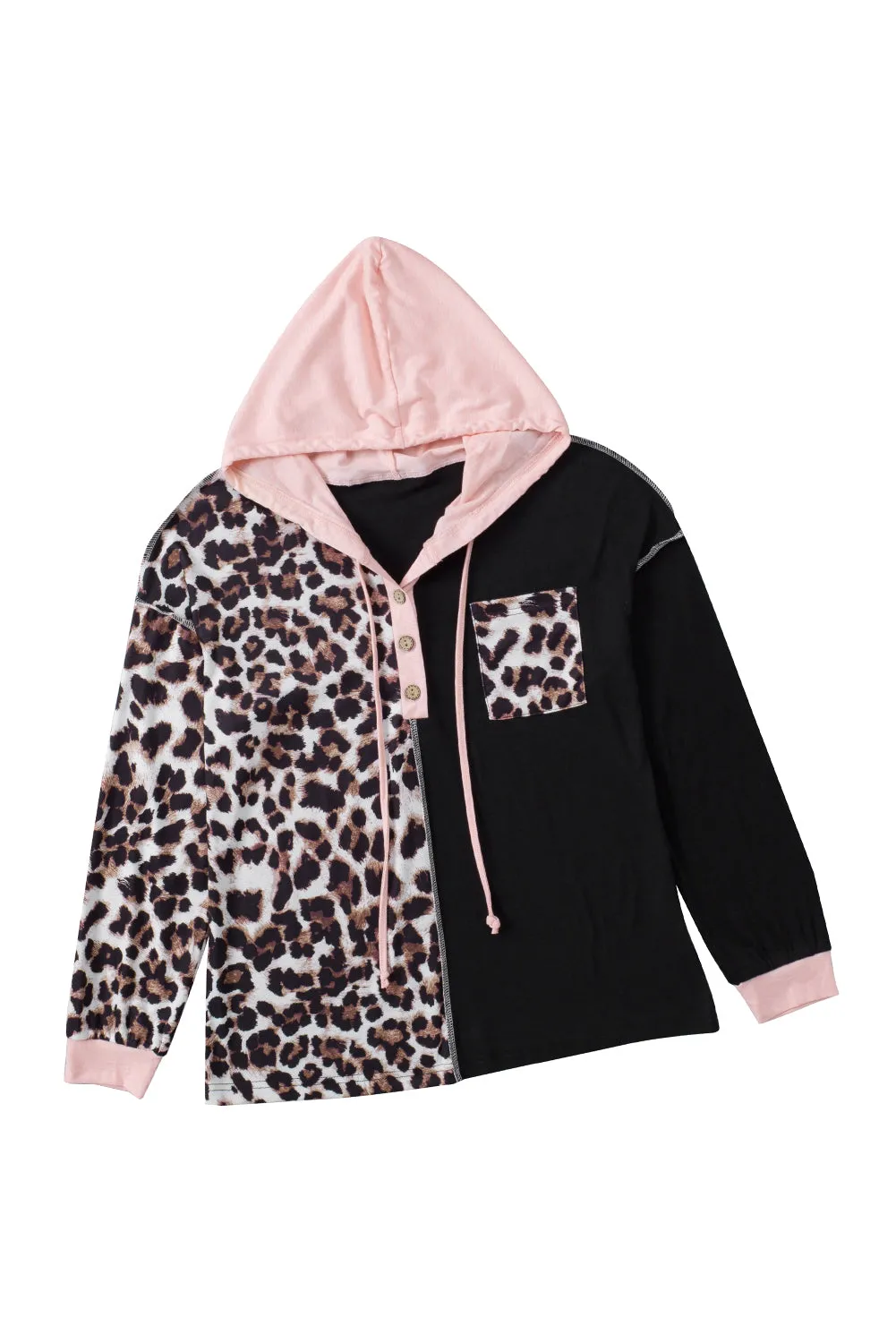 Black Leopard Patchwork Buttoned Hooded Sweatshirt