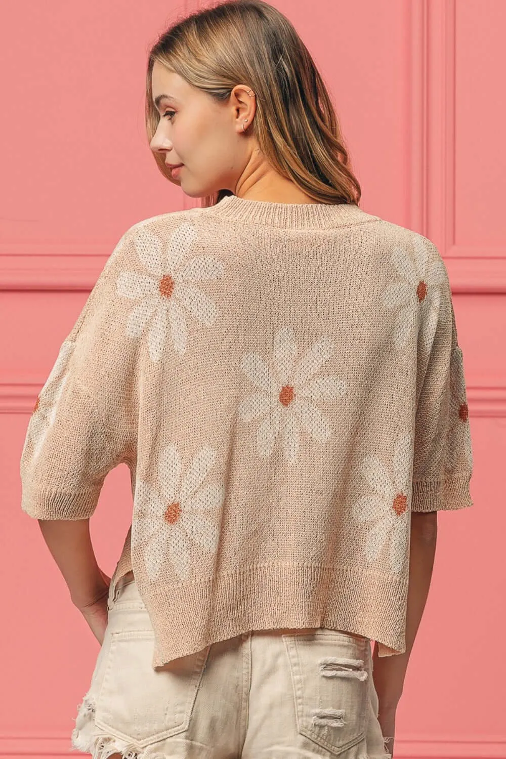 Boho Beige Floral Pattern Slit Sweater Top