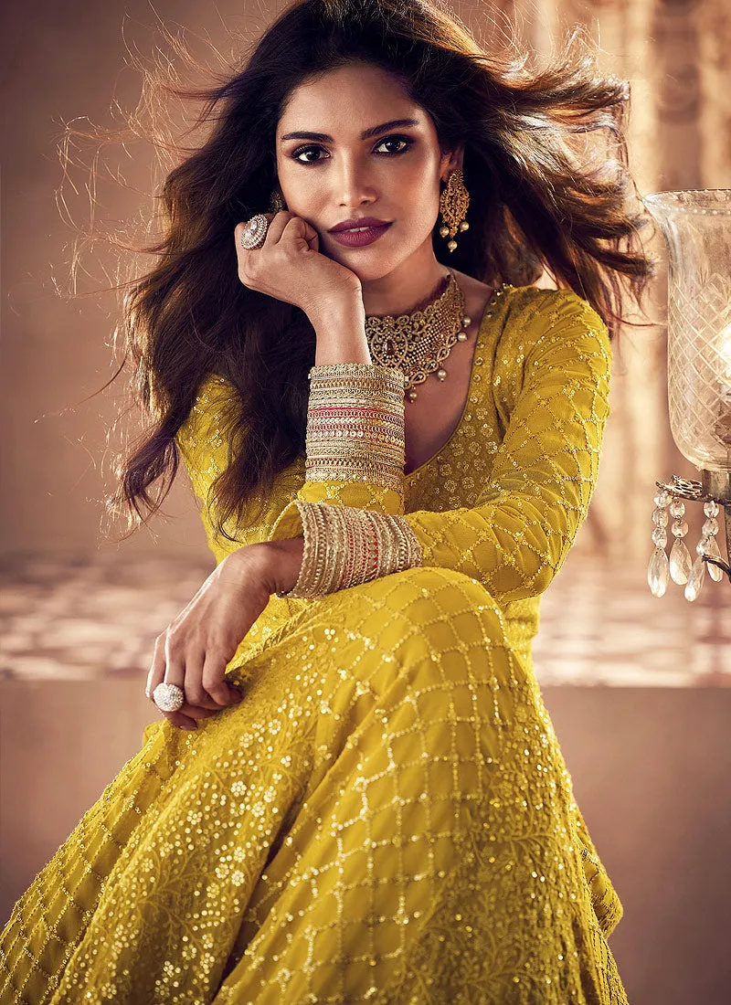 Bright Yellow Embroidered Wedding Anarkali