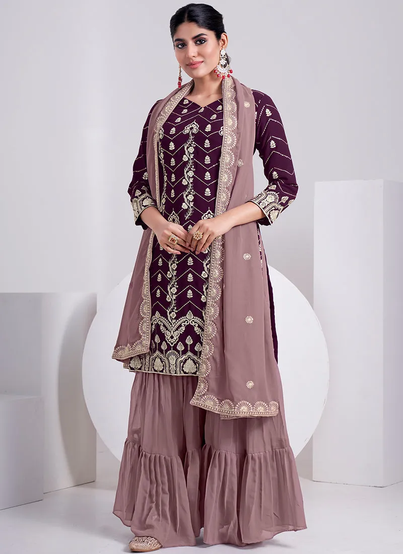 Deep Wine And Mauve Embroidery Festive Sharara Style Suit