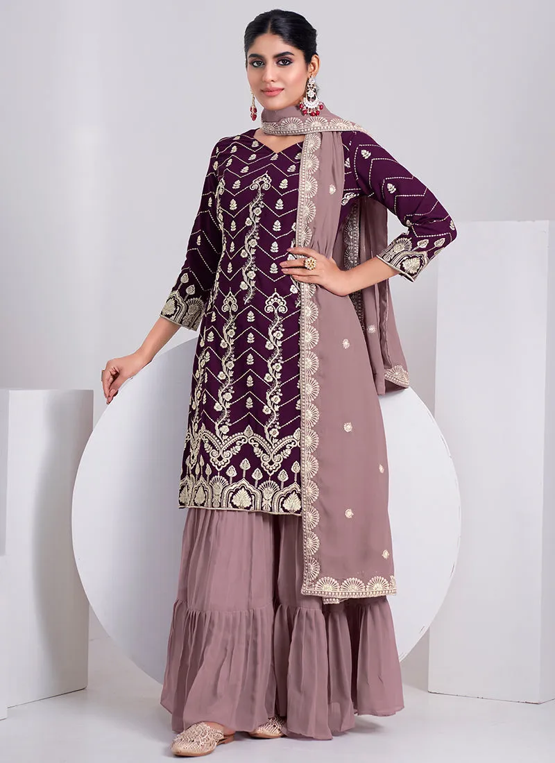 Deep Wine And Mauve Embroidery Festive Sharara Style Suit