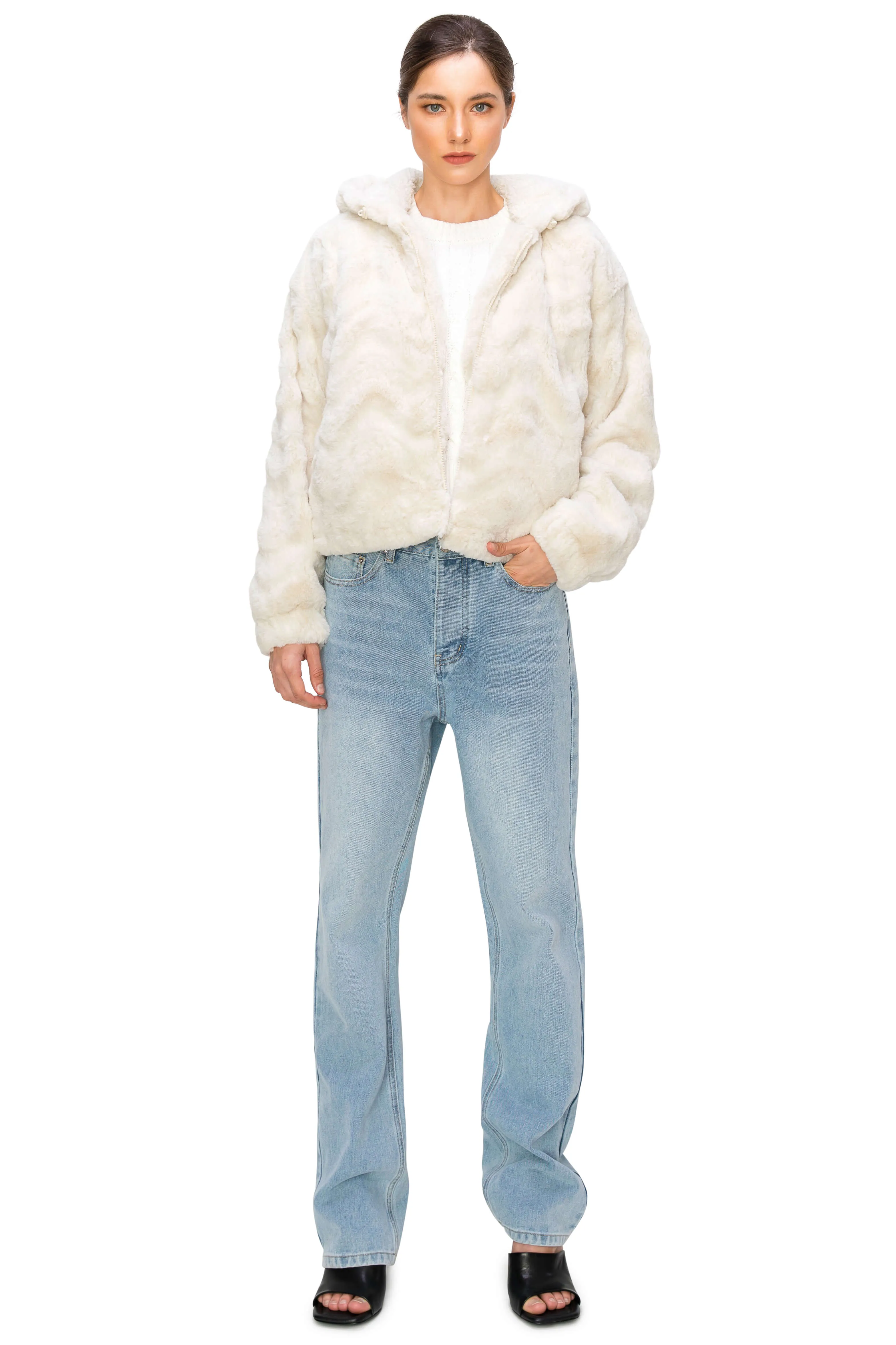 Fluffy Faux Fur Hoodie Jacket - Cream