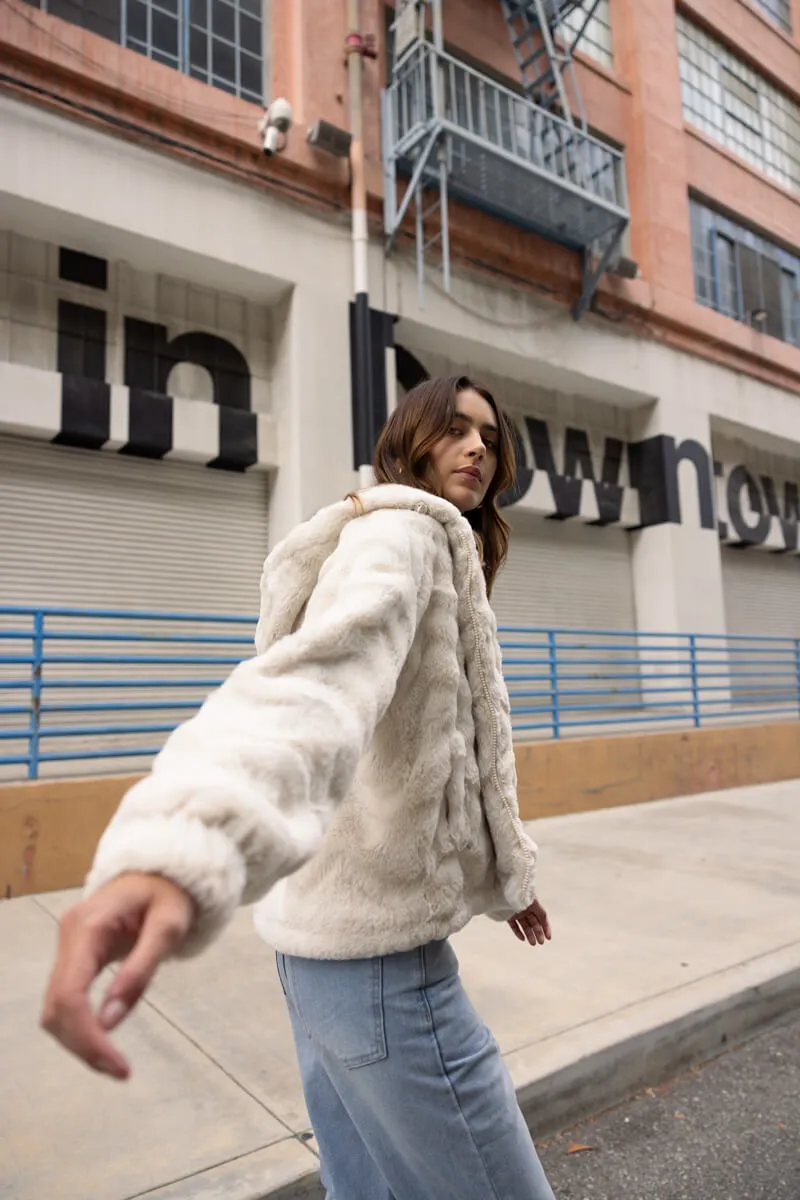 Fluffy Faux Fur Hoodie Jacket - Cream