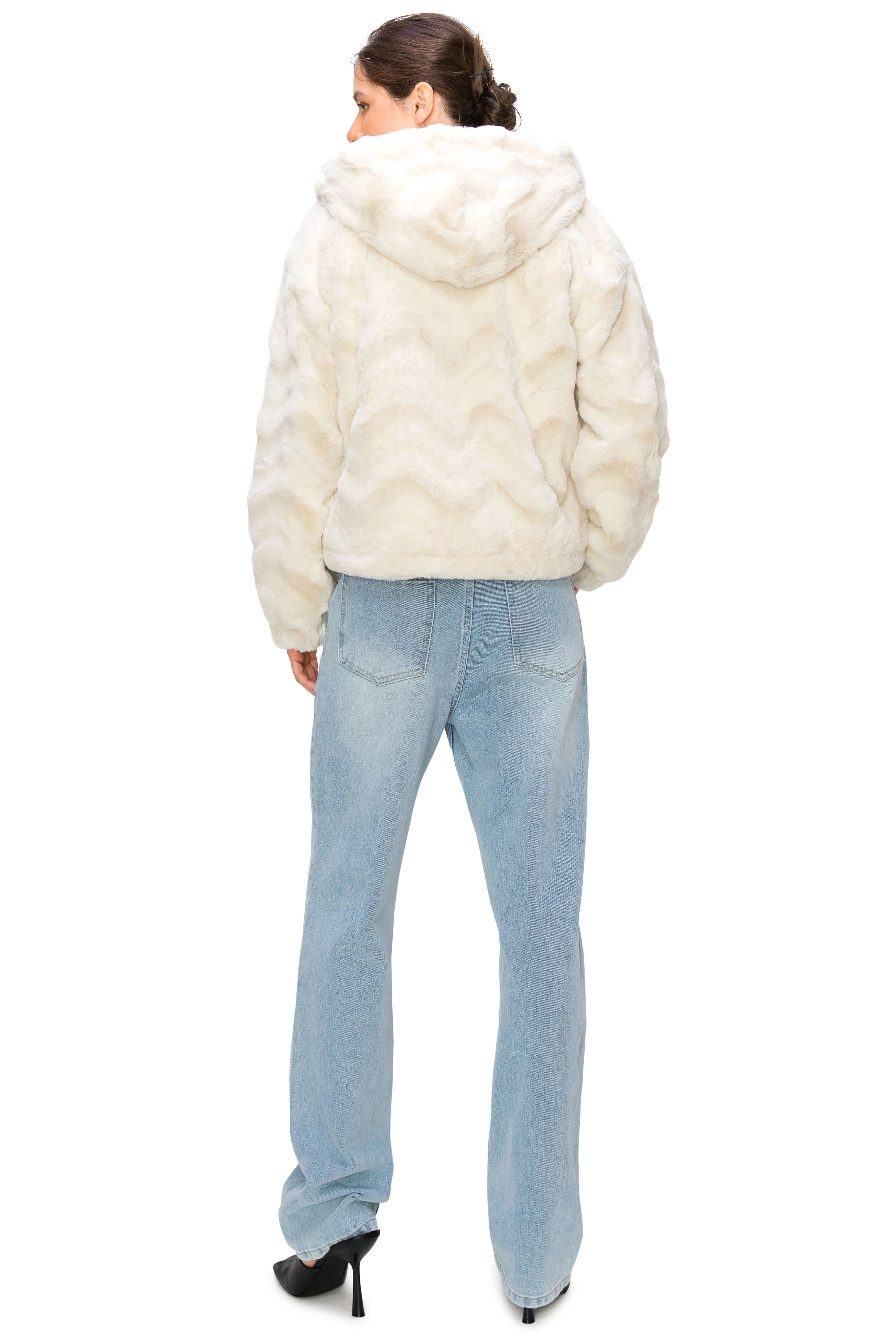 Fluffy Faux Fur Hoodie Jacket - Cream