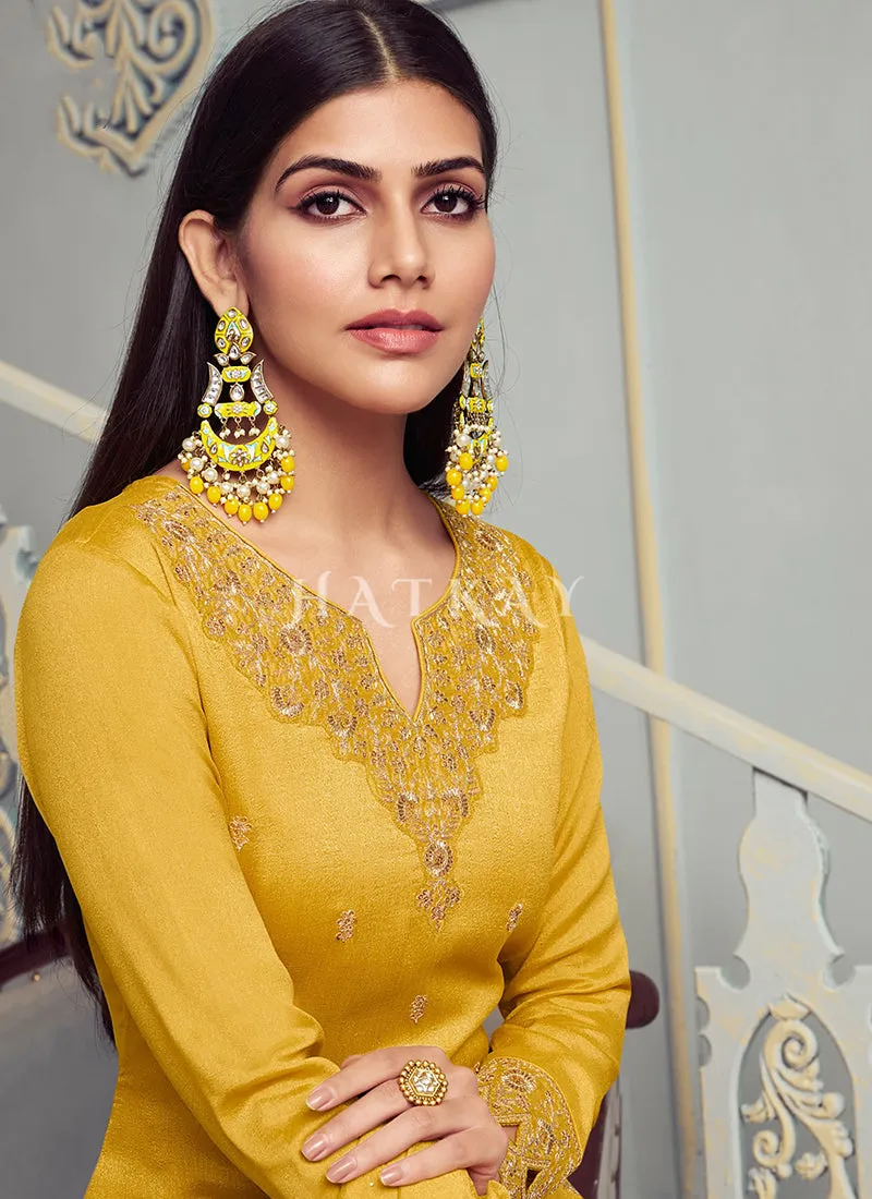 Golden Yellow Embroidery Festive Palazzo Suit