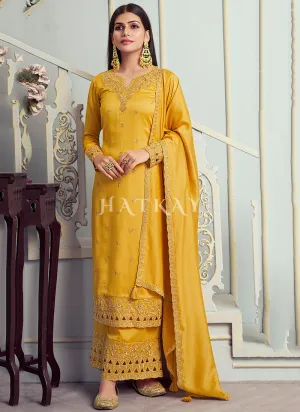 Golden Yellow Embroidery Festive Palazzo Suit