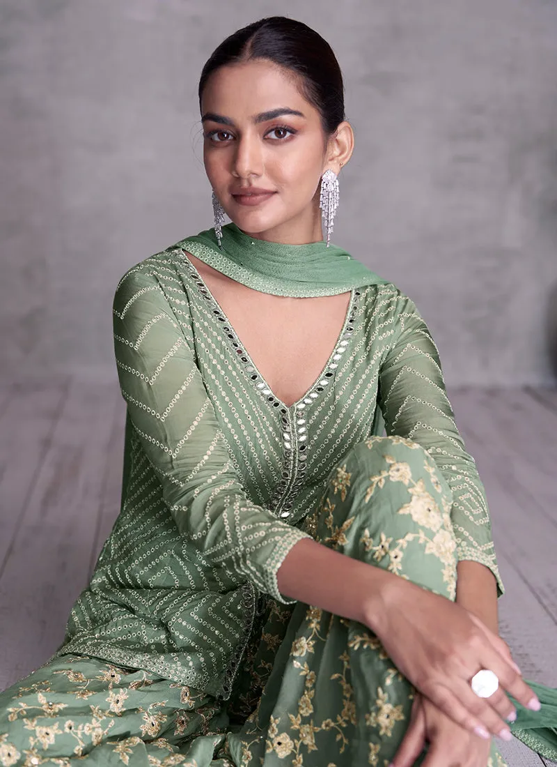 Green Designer Embroidery Party Wear Sharara Suit