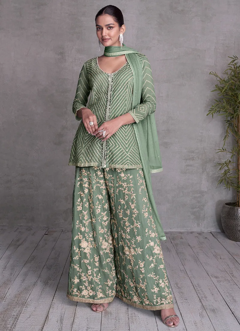 Green Designer Embroidery Party Wear Sharara Suit