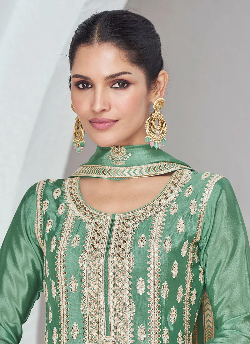 Green Embroidery Anarkali Palazzo Suit