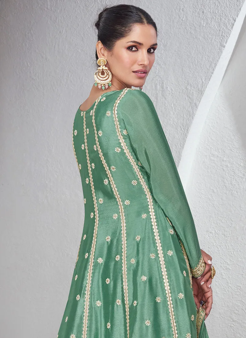 Green Embroidery Anarkali Palazzo Suit