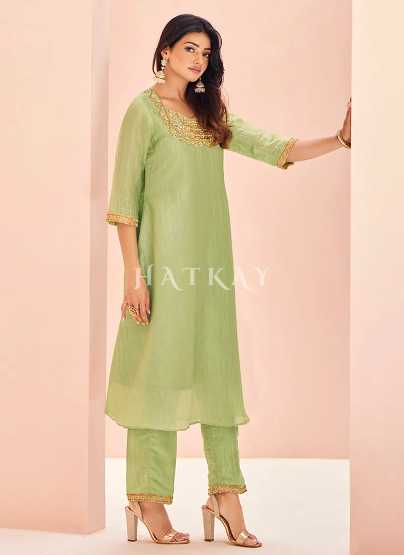 Green Handwork Kurta And Pant Suit