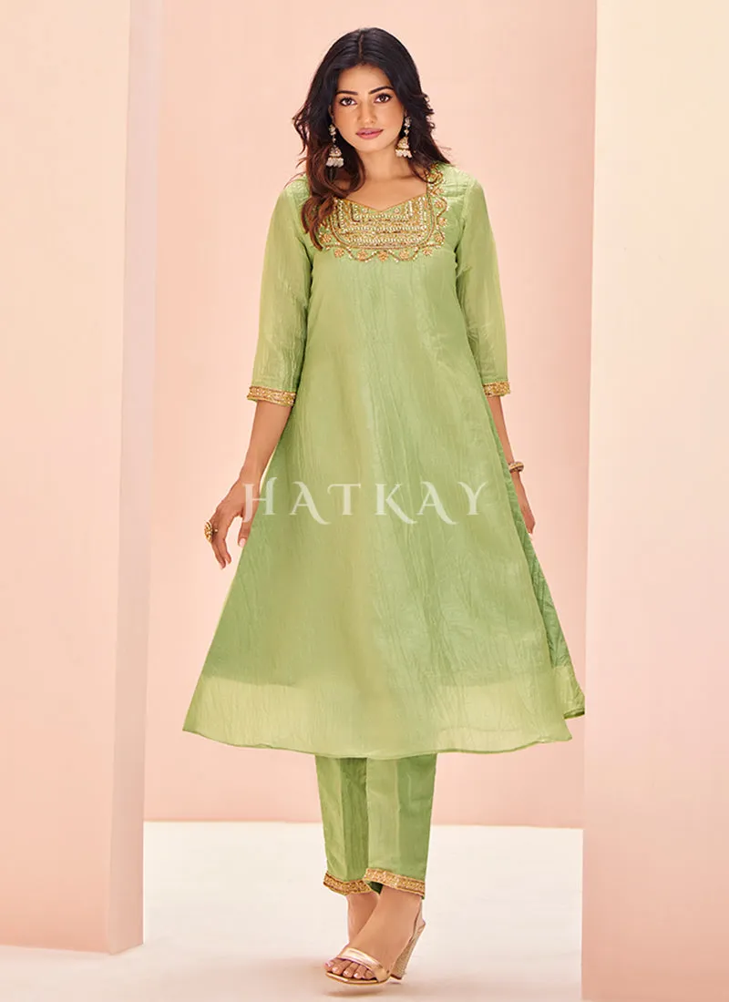 Green Handwork Kurta And Pant Suit