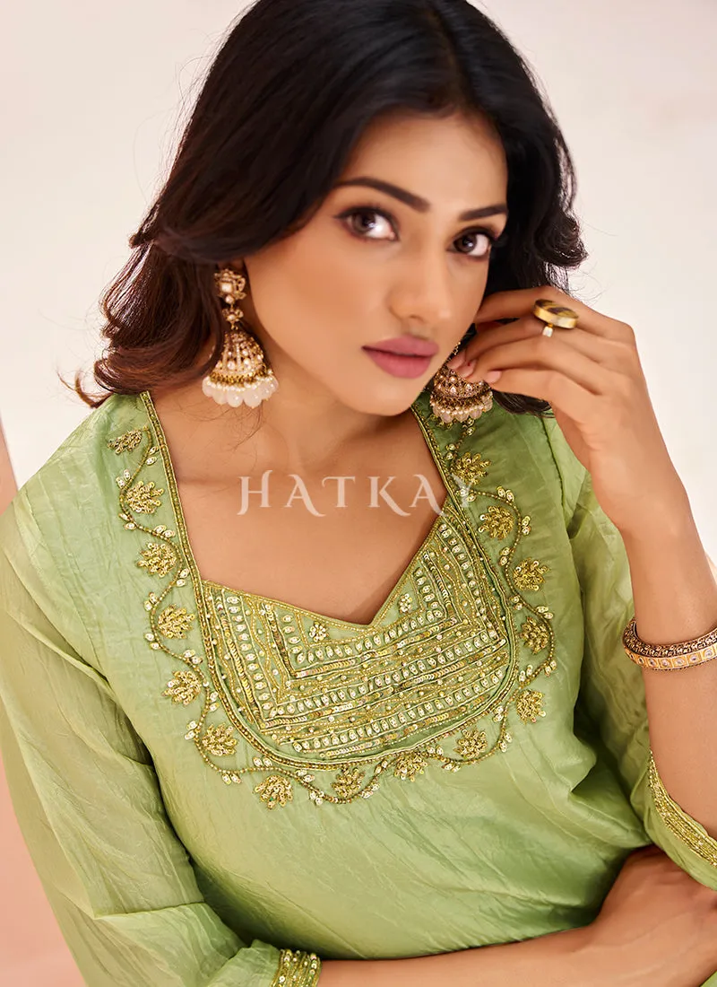 Green Handwork Kurta And Pant Suit