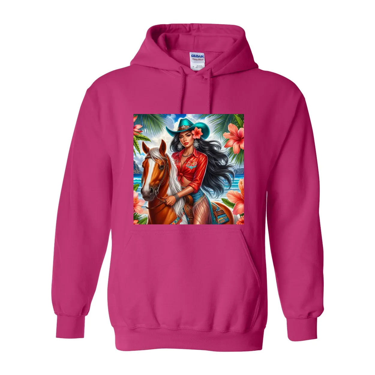 Hawaiian Girl on Horse Pull Over Front Pocket Hoodies