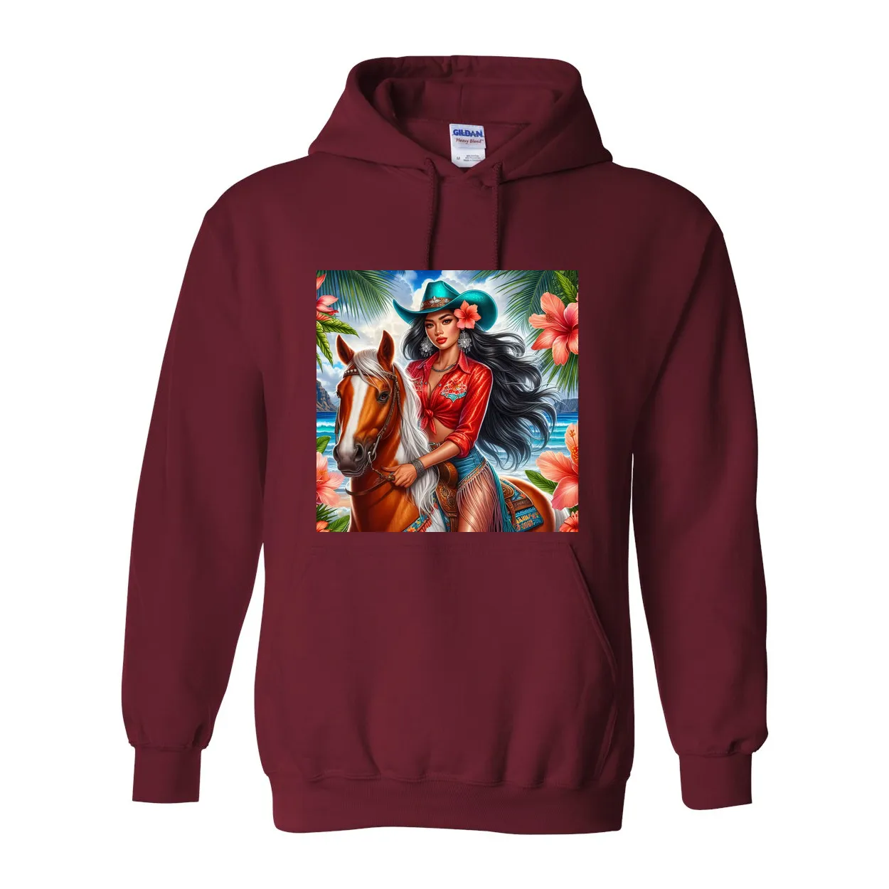 Hawaiian Girl on Horse Pull Over Front Pocket Hoodies