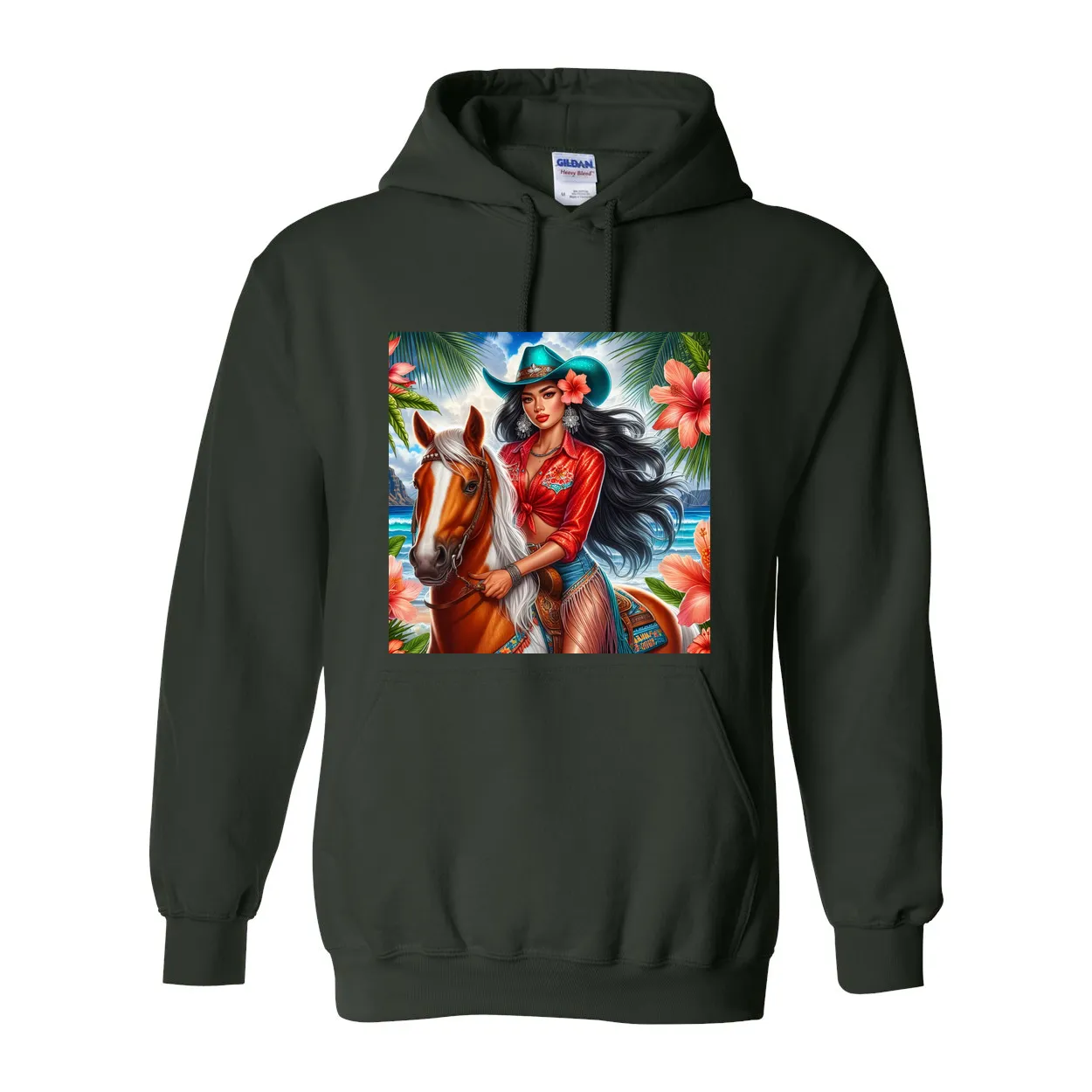 Hawaiian Girl on Horse Pull Over Front Pocket Hoodies