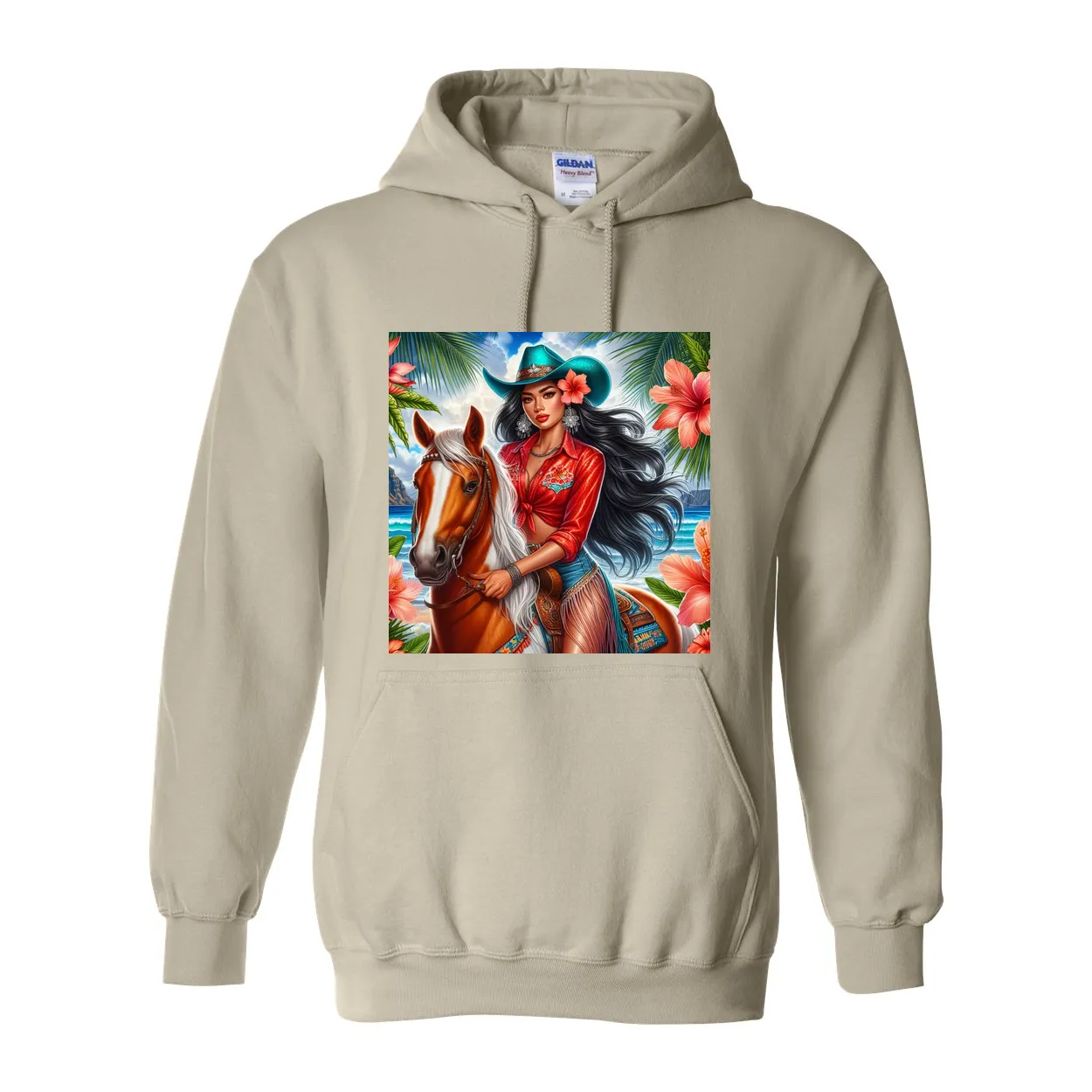 Hawaiian Girl on Horse Pull Over Front Pocket Hoodies