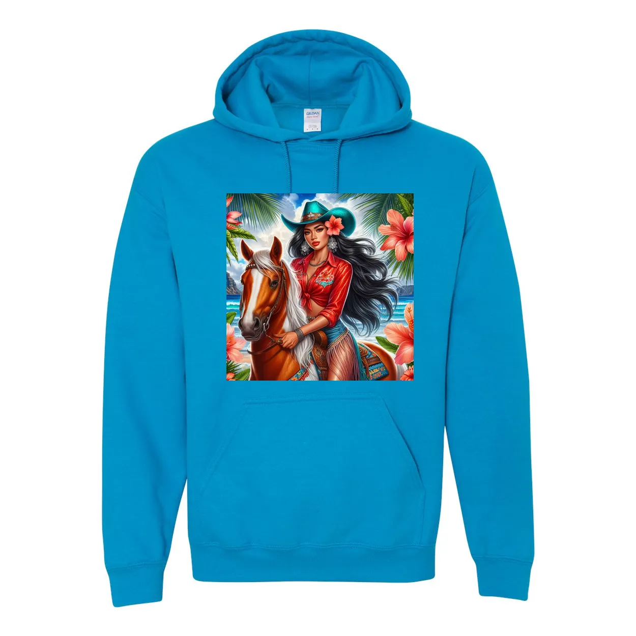 Hawaiian Girl on Horse Pull Over Front Pocket Hoodies