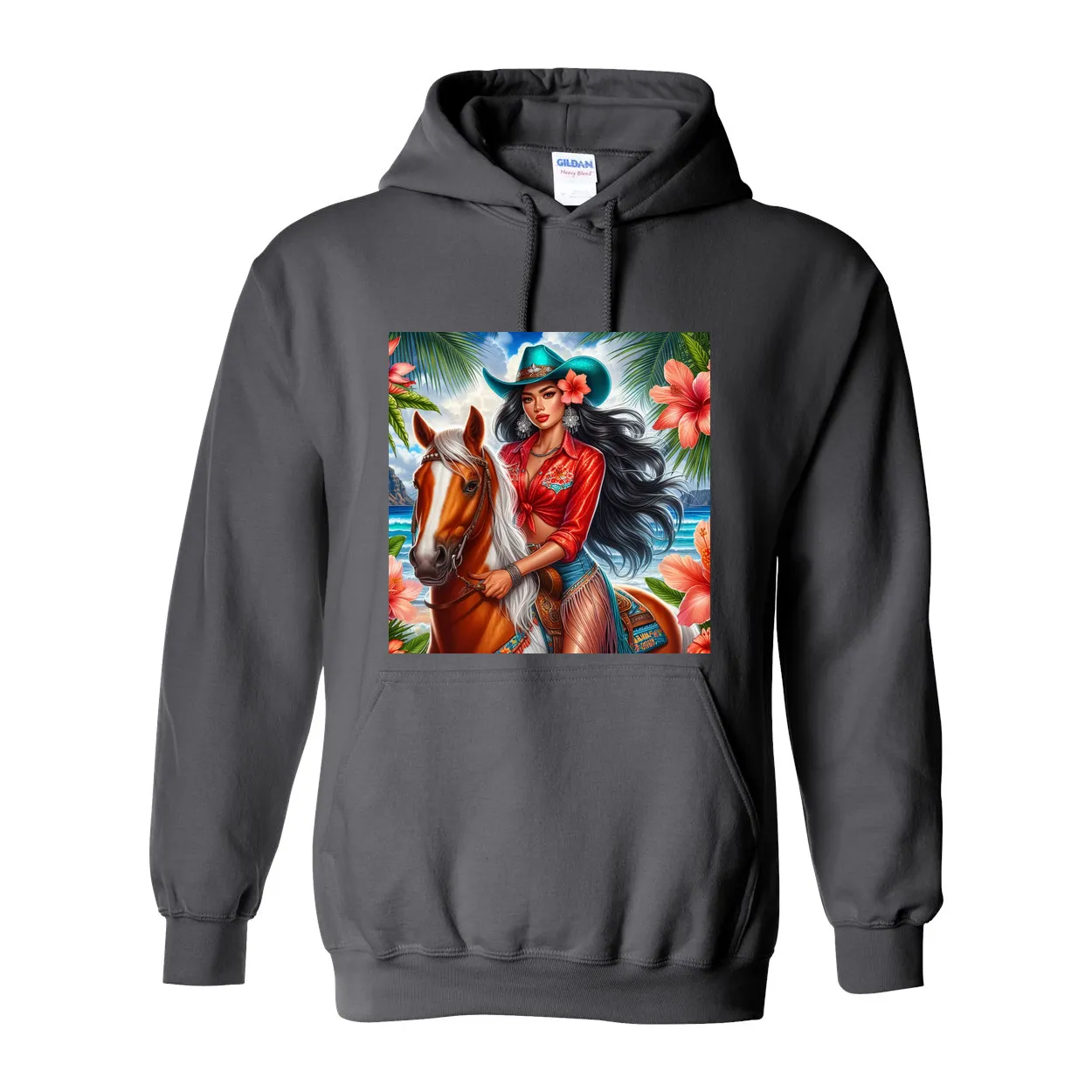 Hawaiian Girl on Horse Pull Over Front Pocket Hoodies