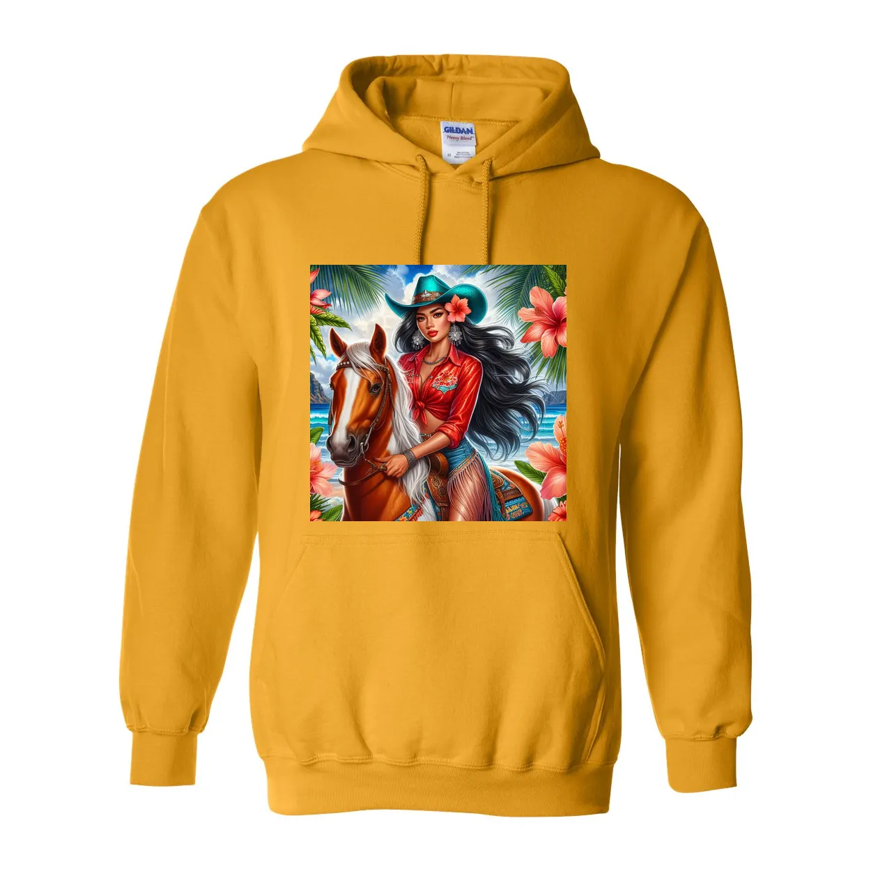 Hawaiian Girl on Horse Pull Over Front Pocket Hoodies