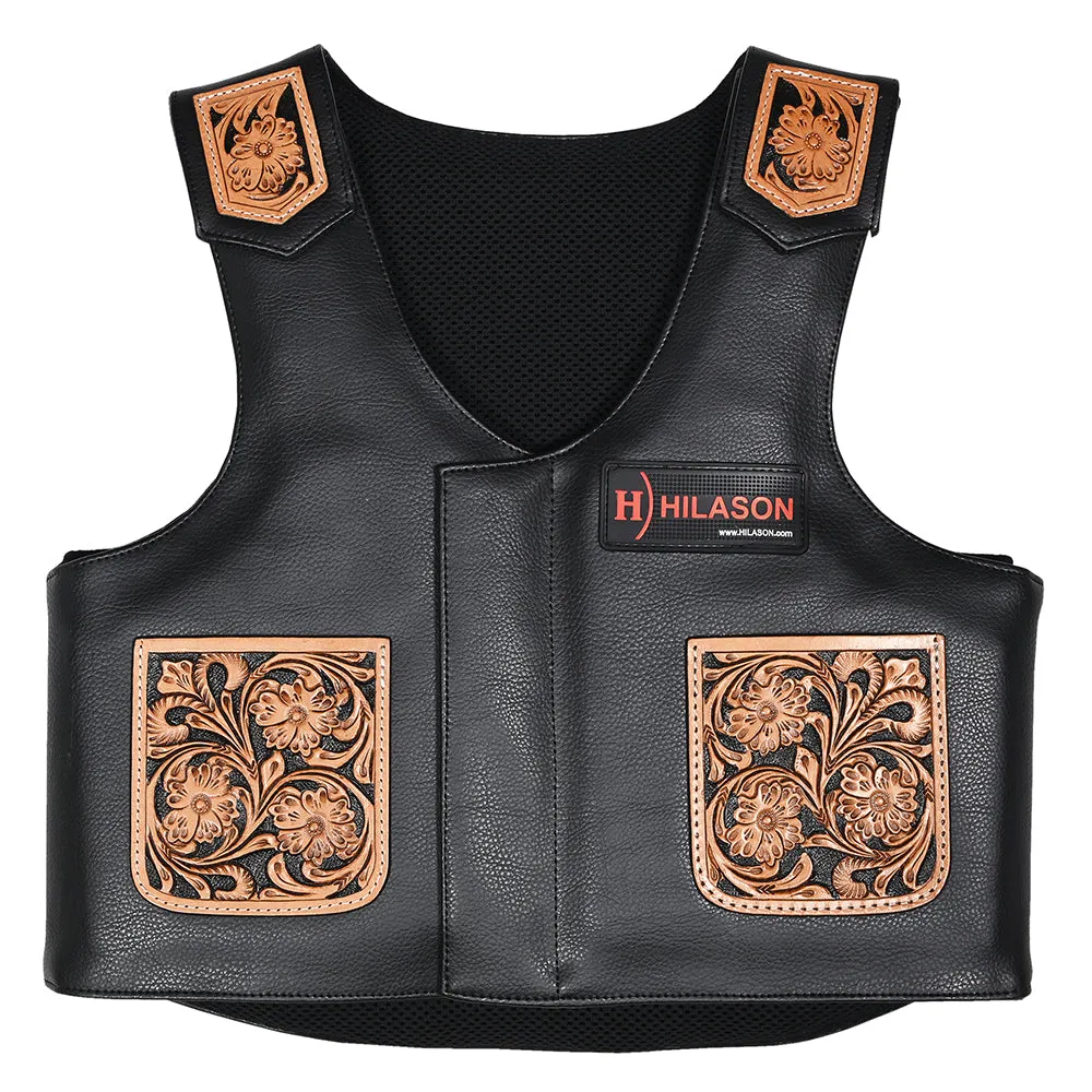 Hilason Bull Riding Kids Junior Youth Pro Rodeo Genuine Leather Vest With Floral Hand Carved