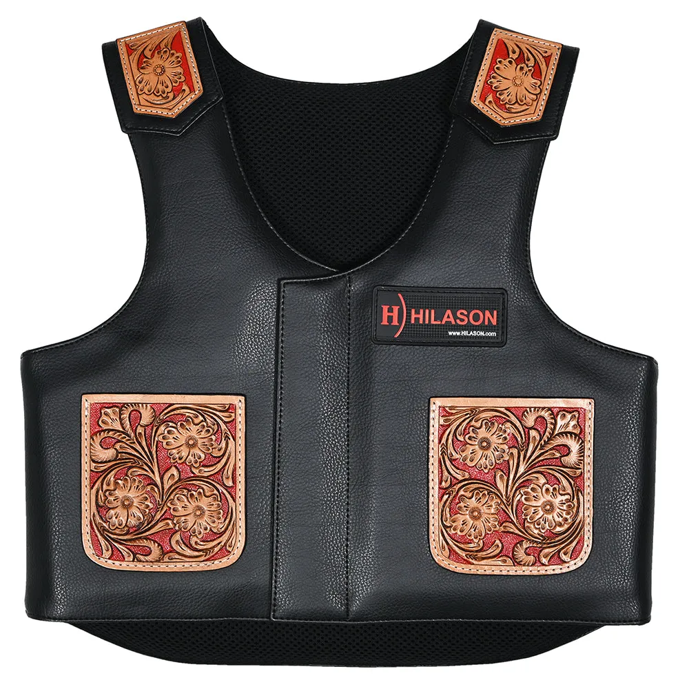 Hilason Bull Riding Kids Junior Youth Pro Rodeo Genuine Leather Vest With Floral Hand Carved