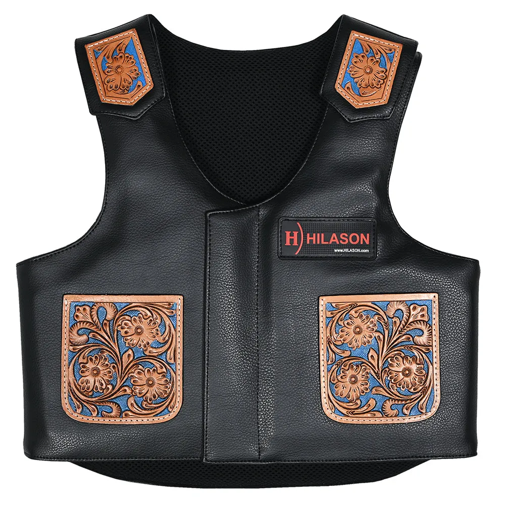 Hilason Bull Riding Kids Junior Youth Pro Rodeo Genuine Leather Vest With Floral Hand Carved