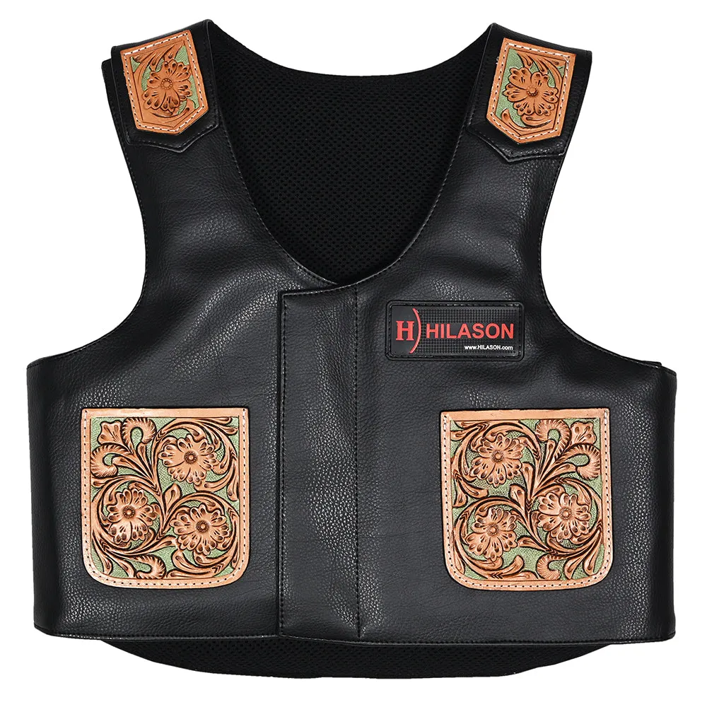 Hilason Bull Riding Kids Junior Youth Pro Rodeo Genuine Leather Vest With Floral Hand Carved