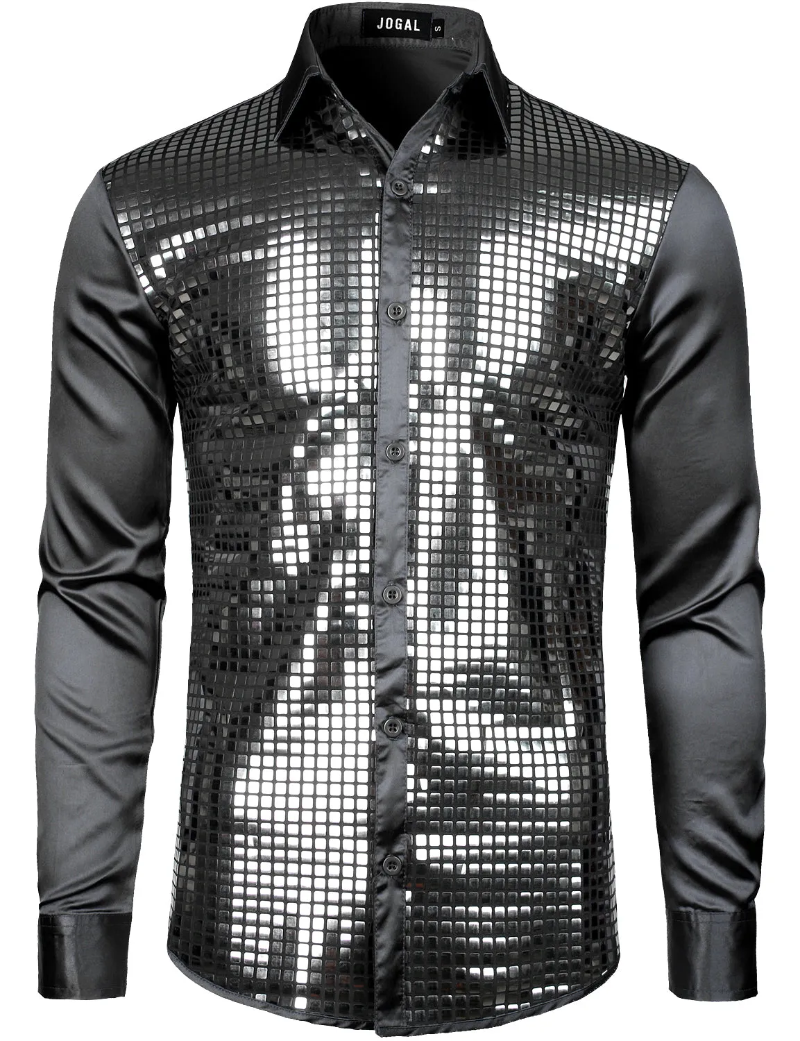 JOGAL Mens Dress Shirt Silver Sequins Long Sleeve Button Down 70s Disco Shirt Party Costume