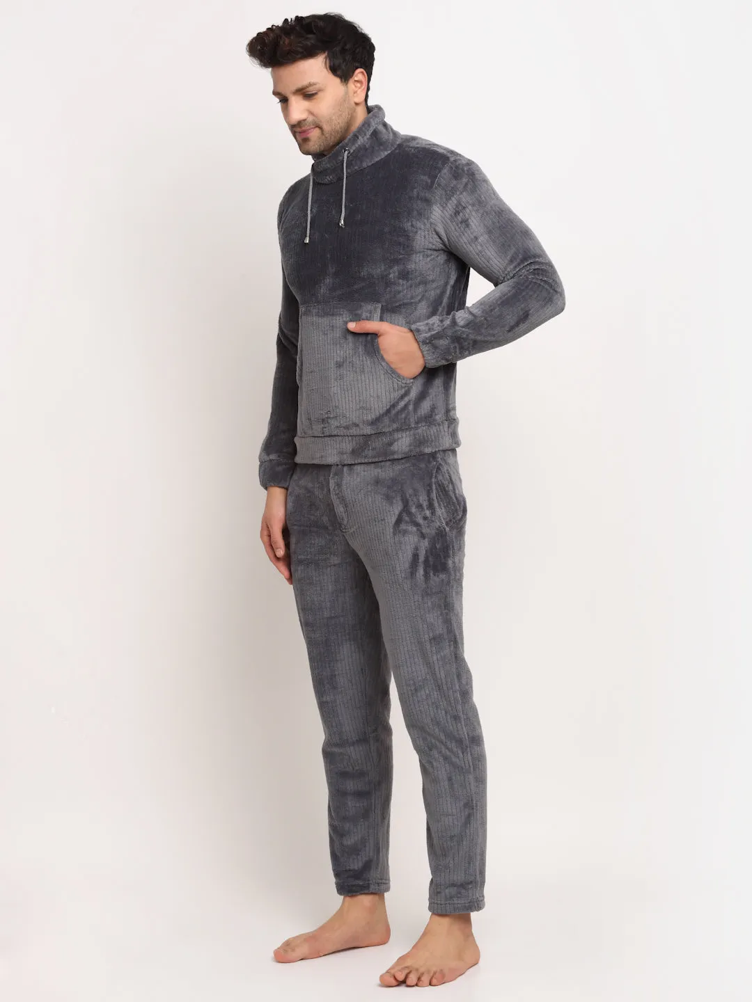 Men Grey High Neck Solid Night Suit