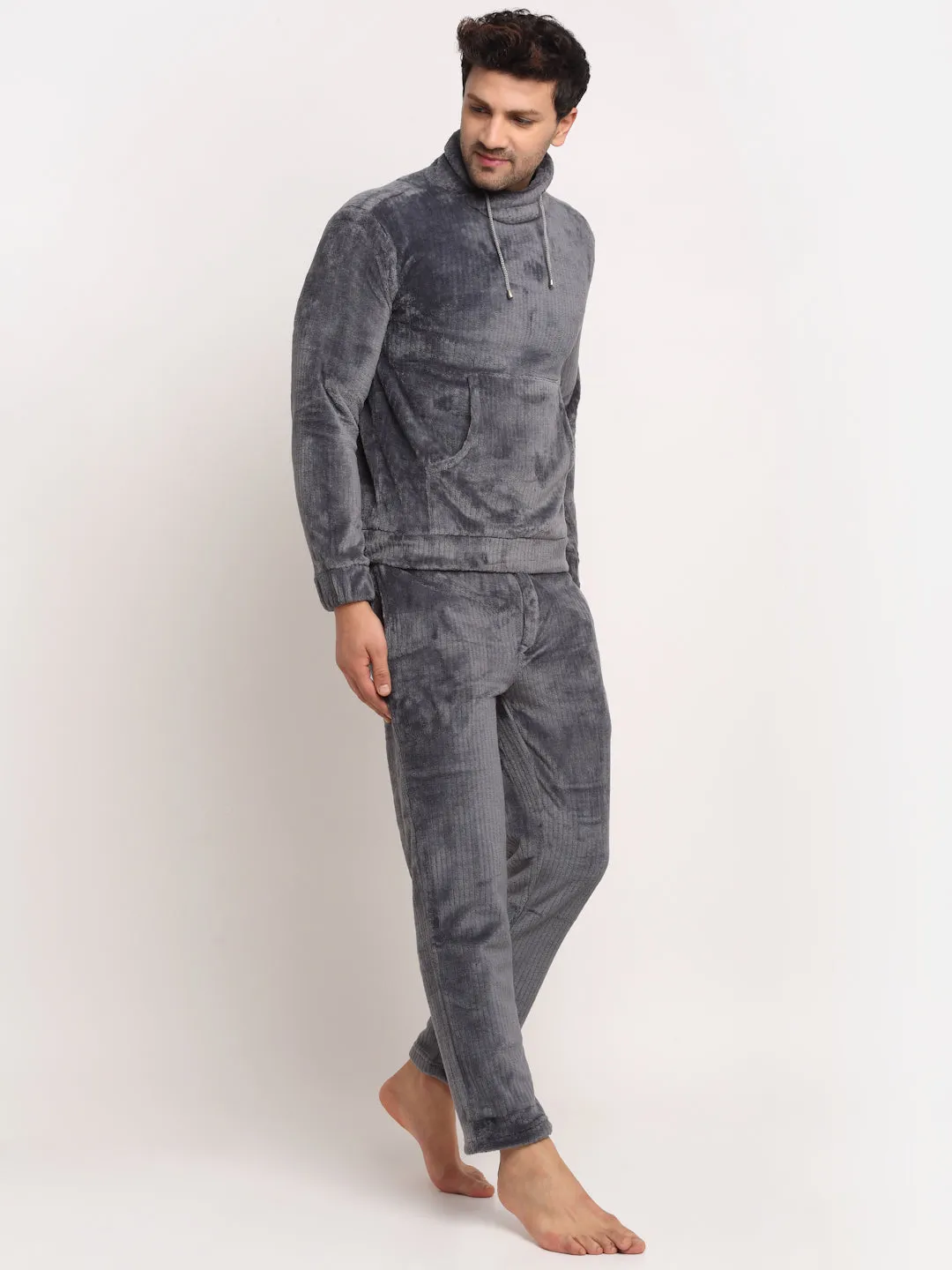 Men Grey High Neck Solid Night Suit