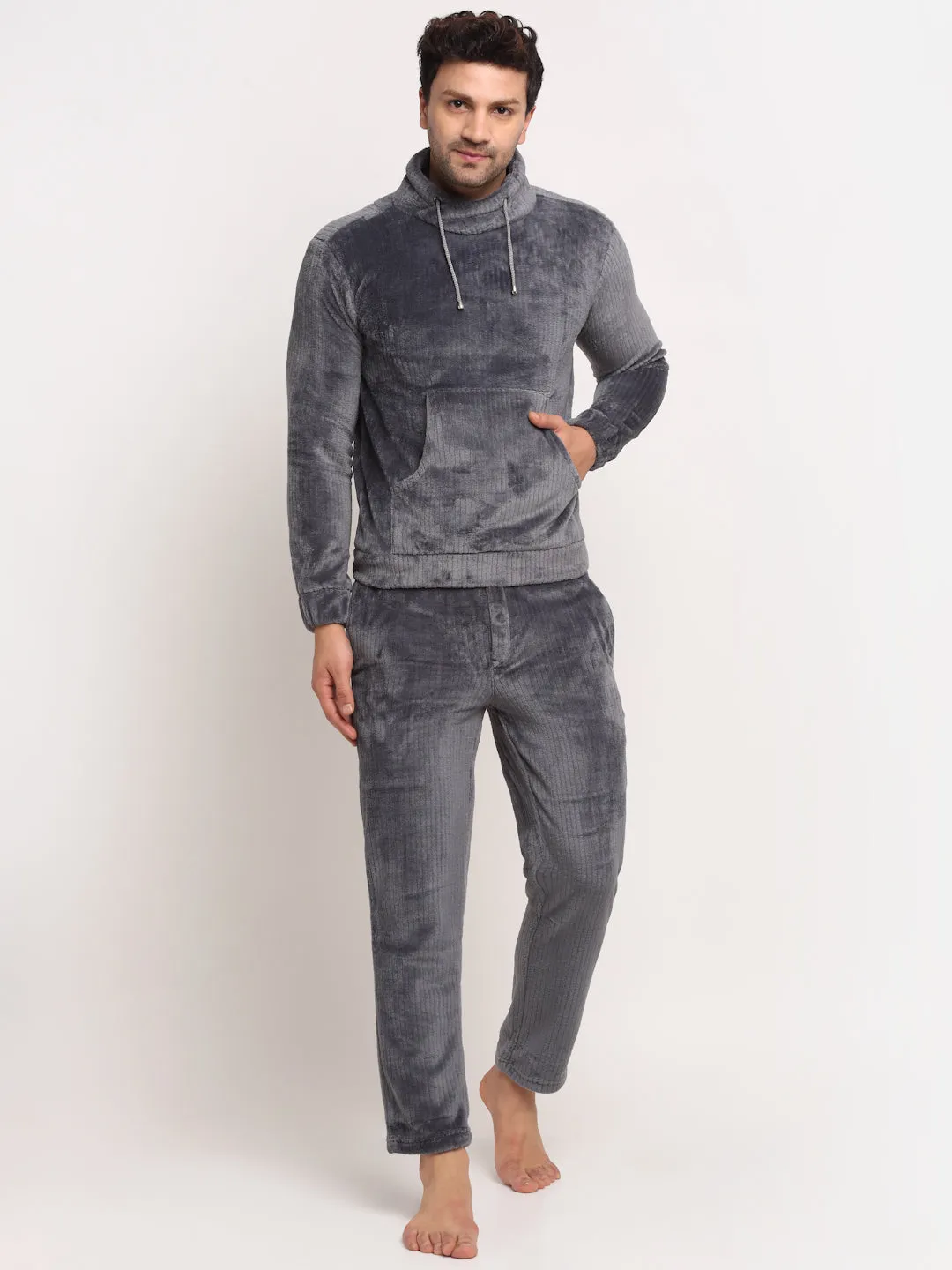 Men Grey High Neck Solid Night Suit