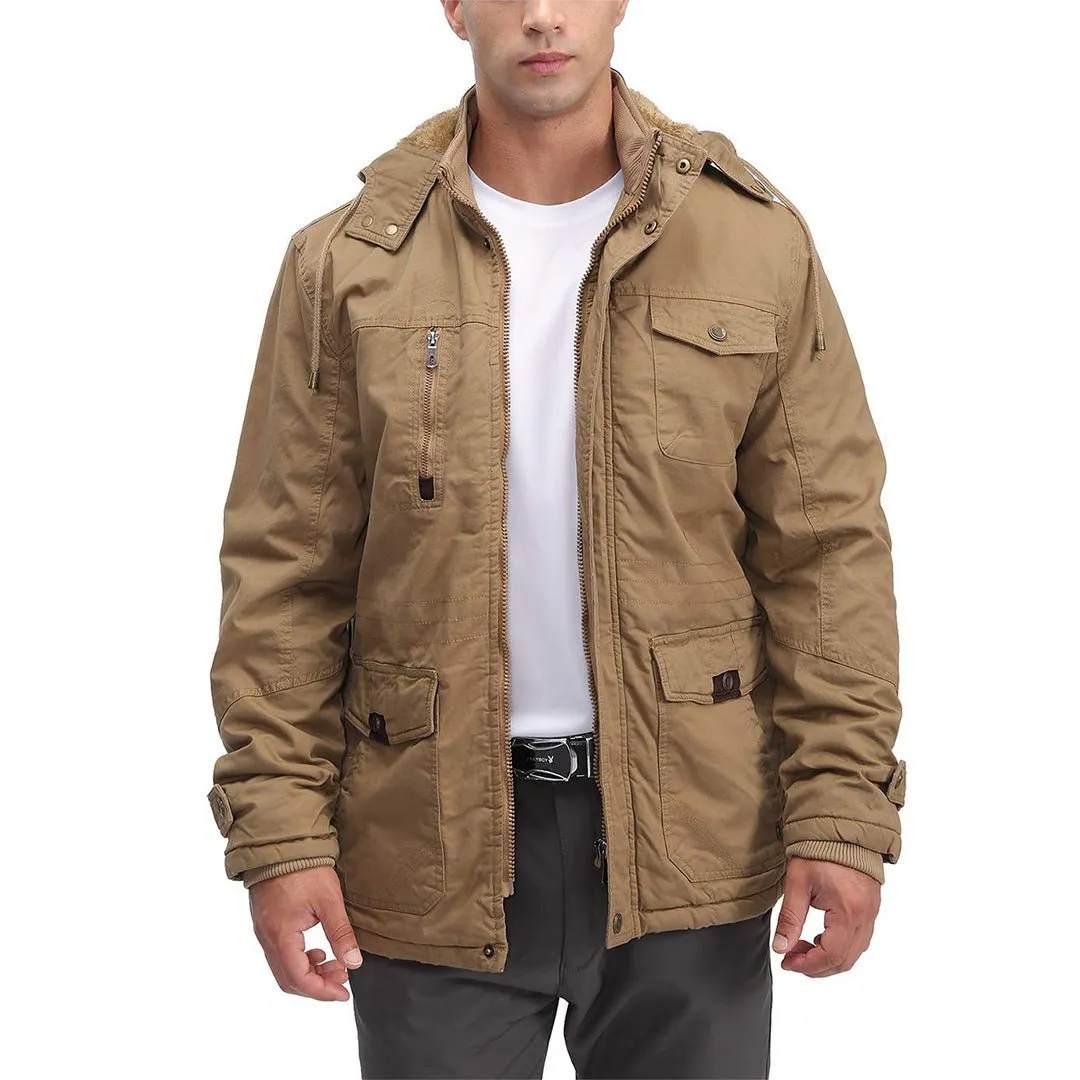 Men's Winter Jacket Fleece Lined Coats Warm Cargo Jackets with Hooded