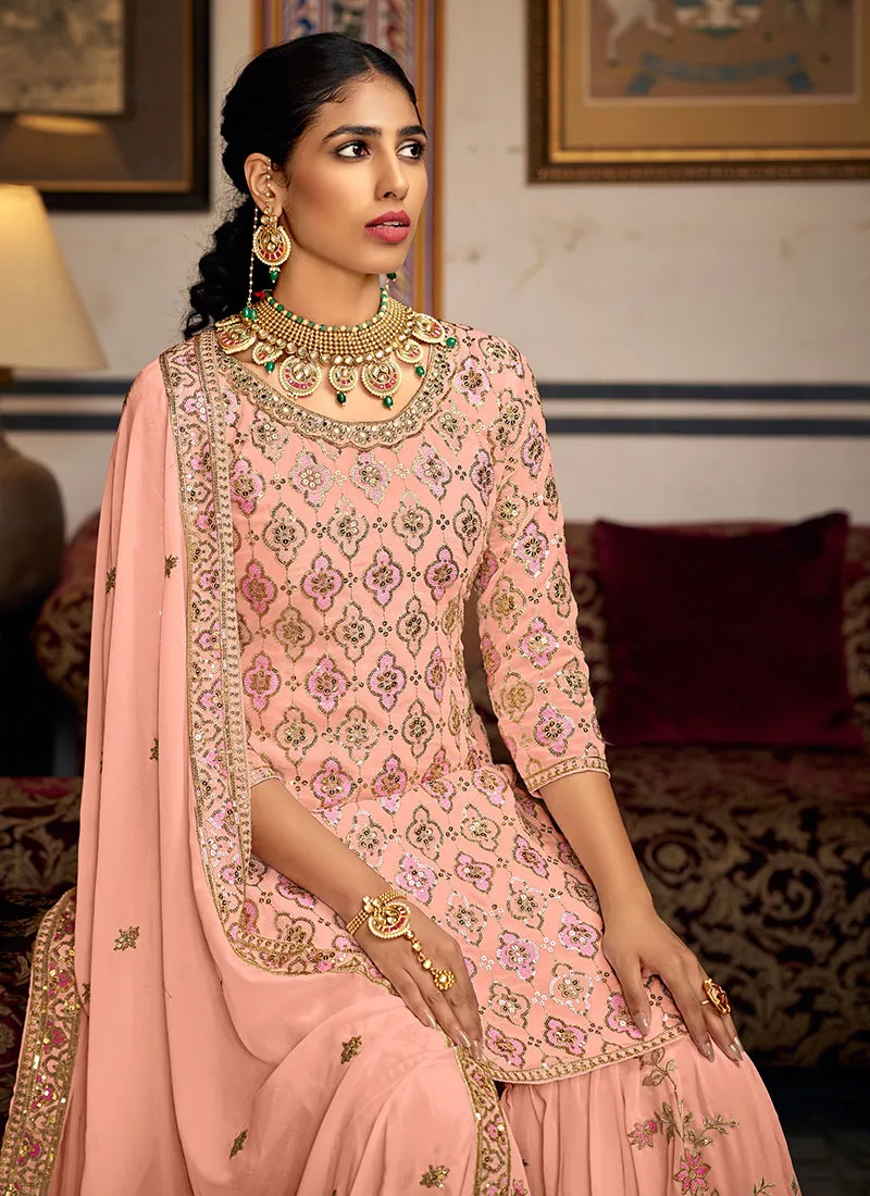 Peach Sequence Embroidery Traditional Gharara Suit