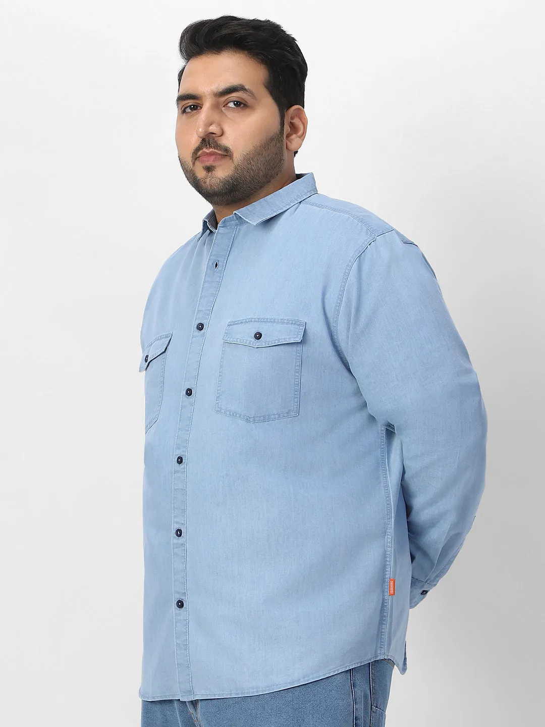 Plus Men's Ice Blue Full Sleeve Regular Fit Casual Denim Shirt