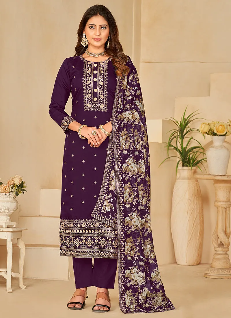 Purple Embroidery Traditional Pant Style Suit