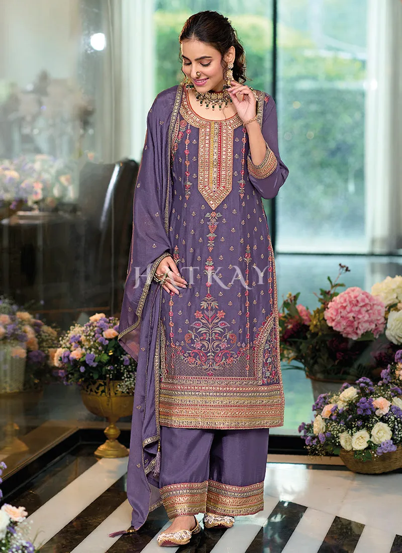 Purple Multi Embroidery Palazzo Suit