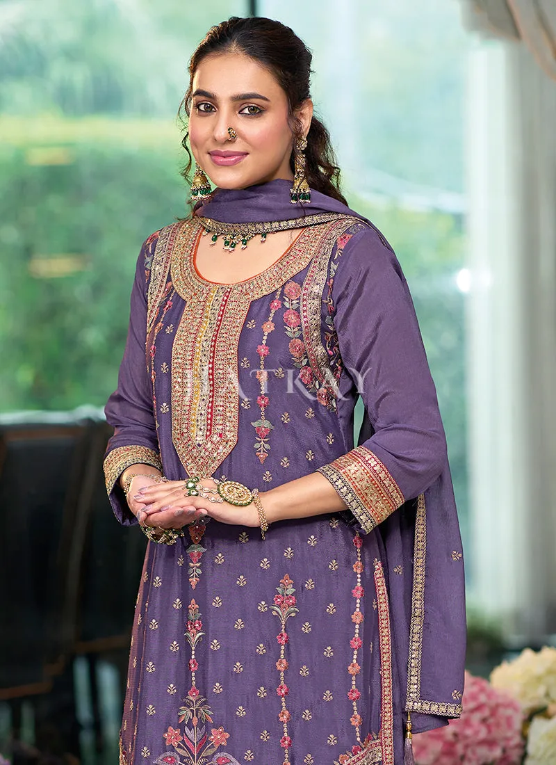 Purple Multi Embroidery Palazzo Suit