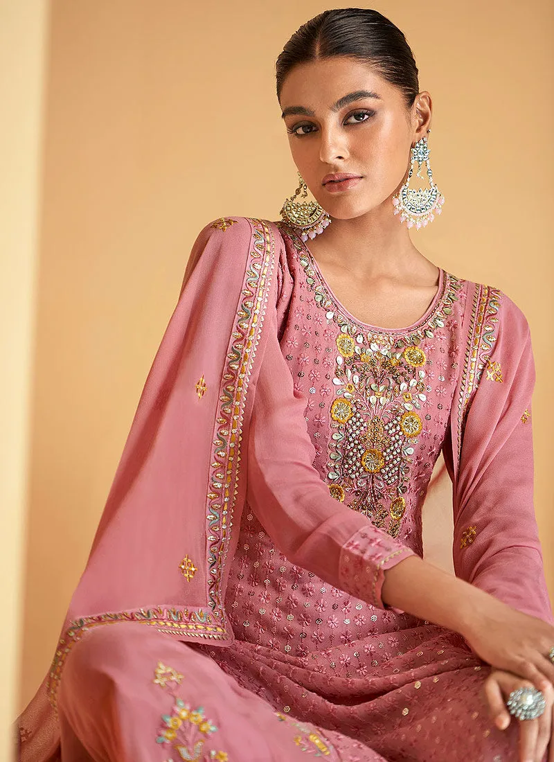 Rich Pink Multi Embroidery Festive Palazzo Suit