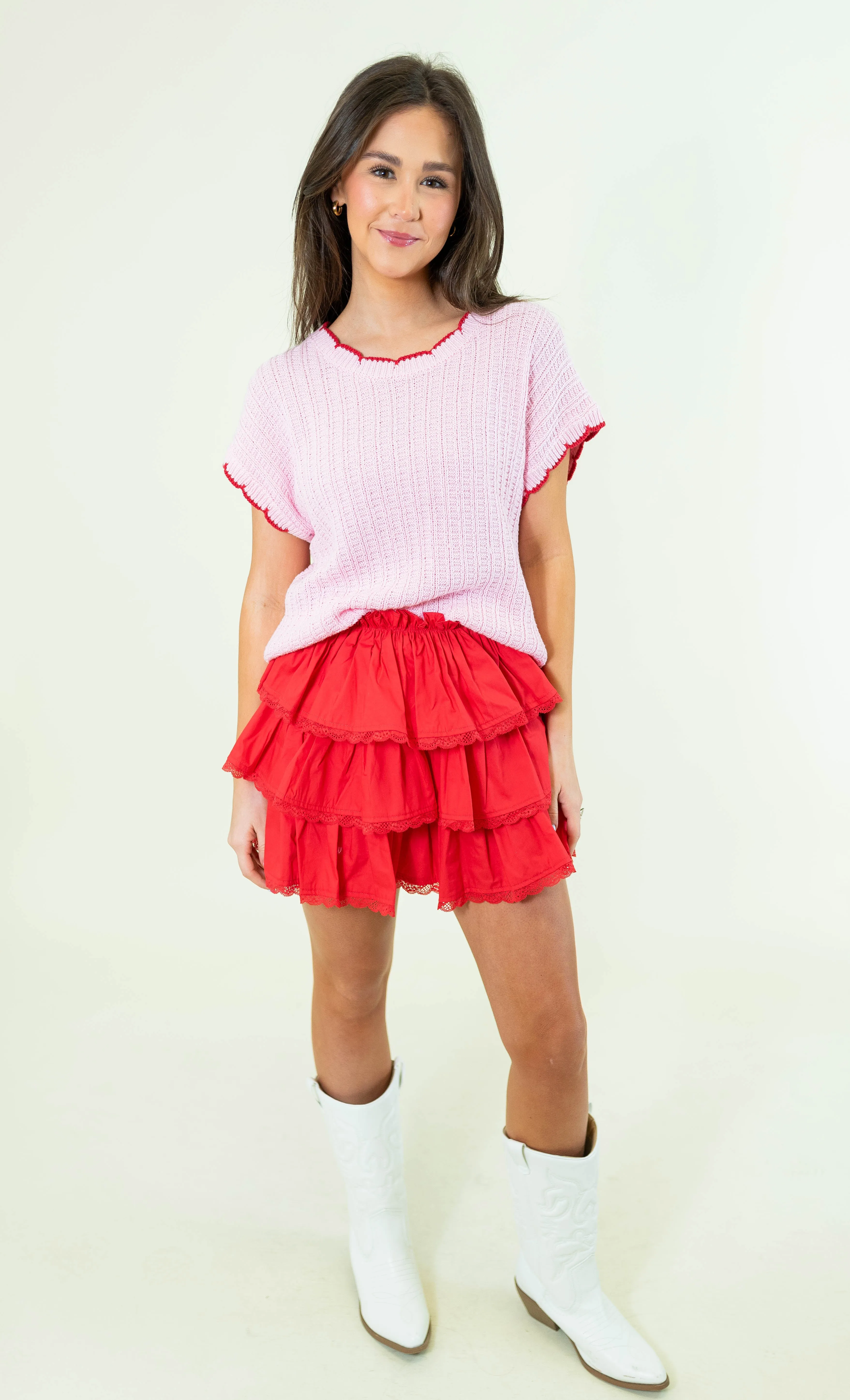 Scallop Edge Sweater Top - Pink/Red