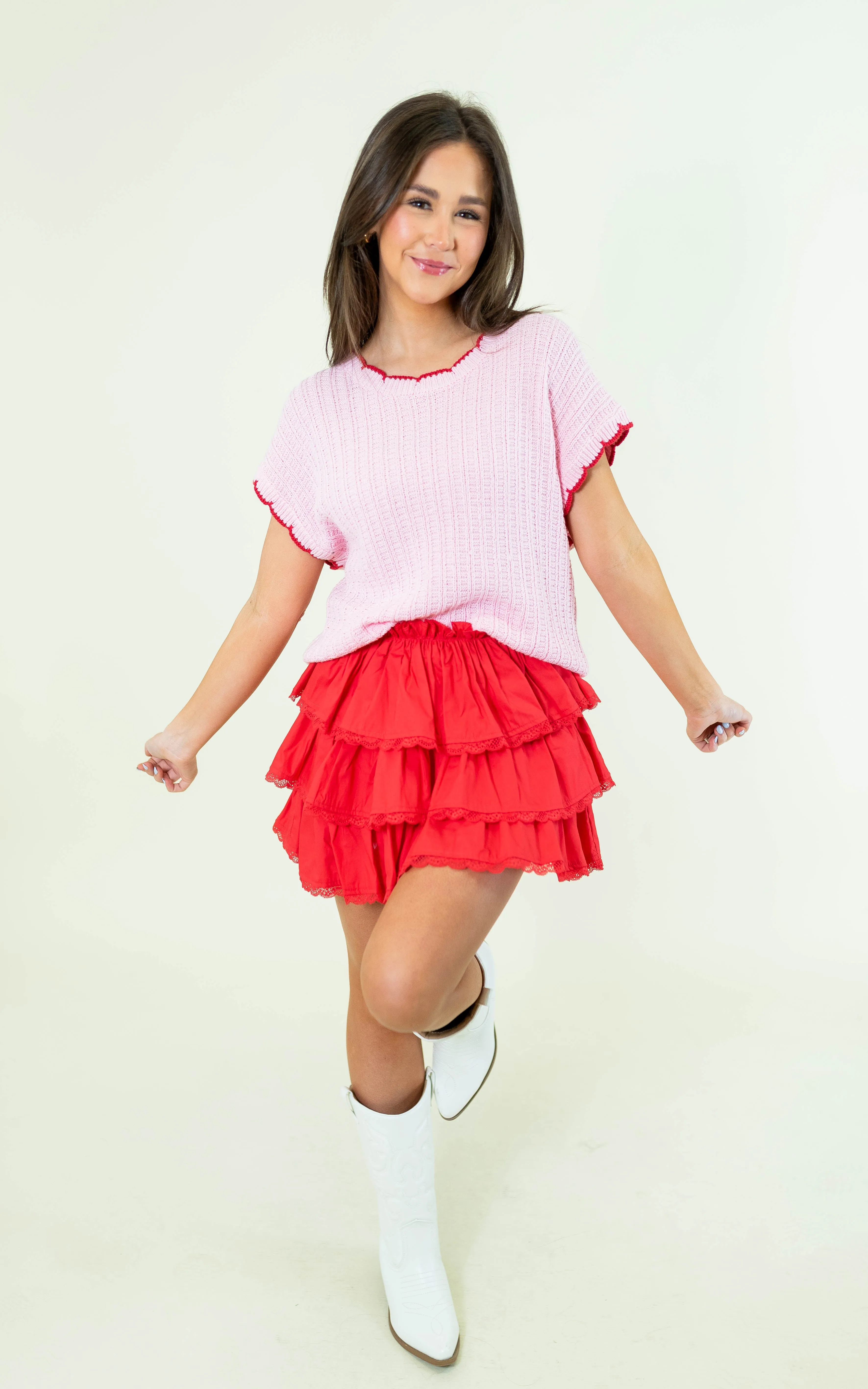 Scallop Edge Sweater Top - Pink/Red