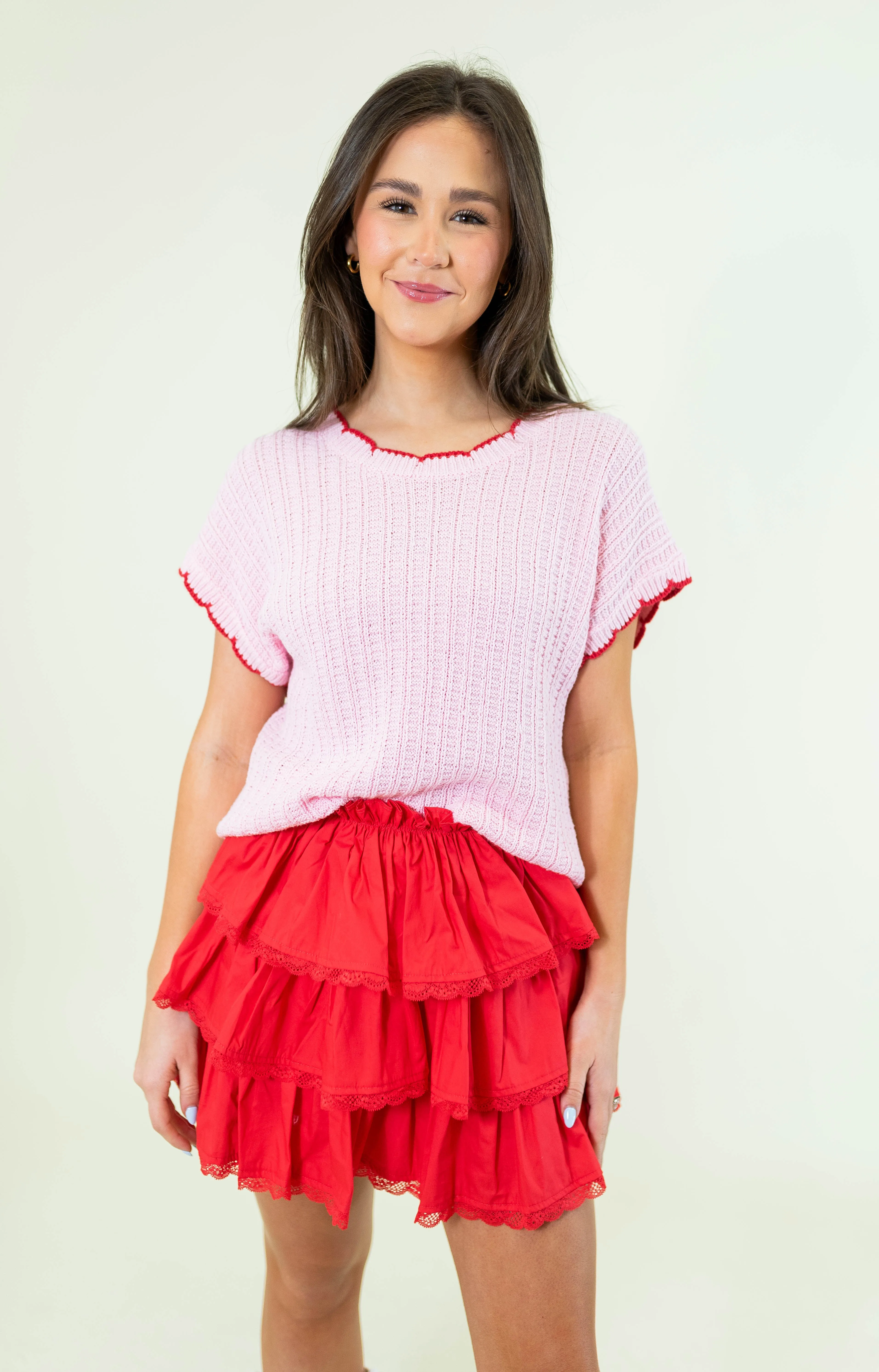 Scallop Edge Sweater Top - Pink/Red