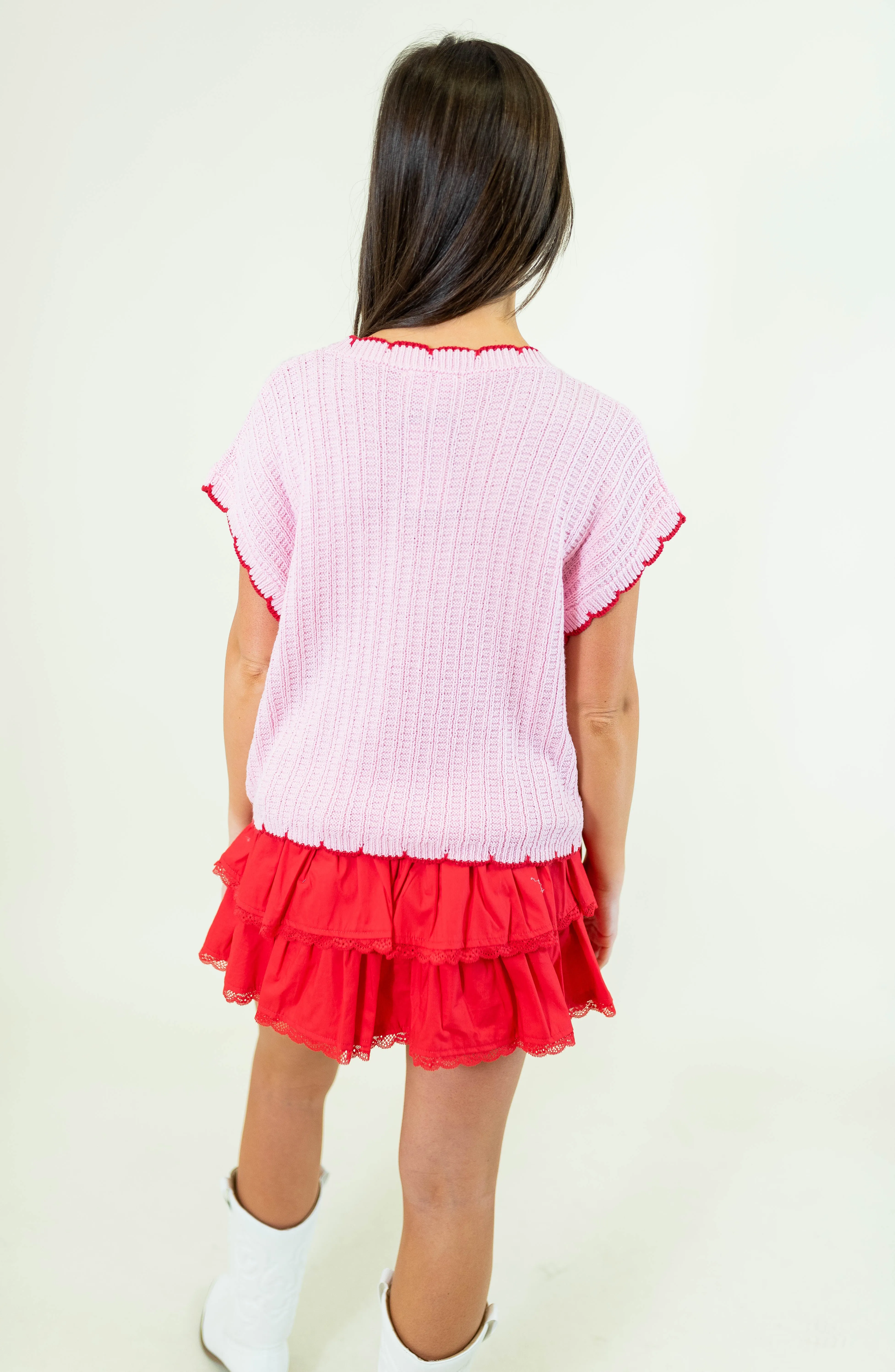 Scallop Edge Sweater Top - Pink/Red