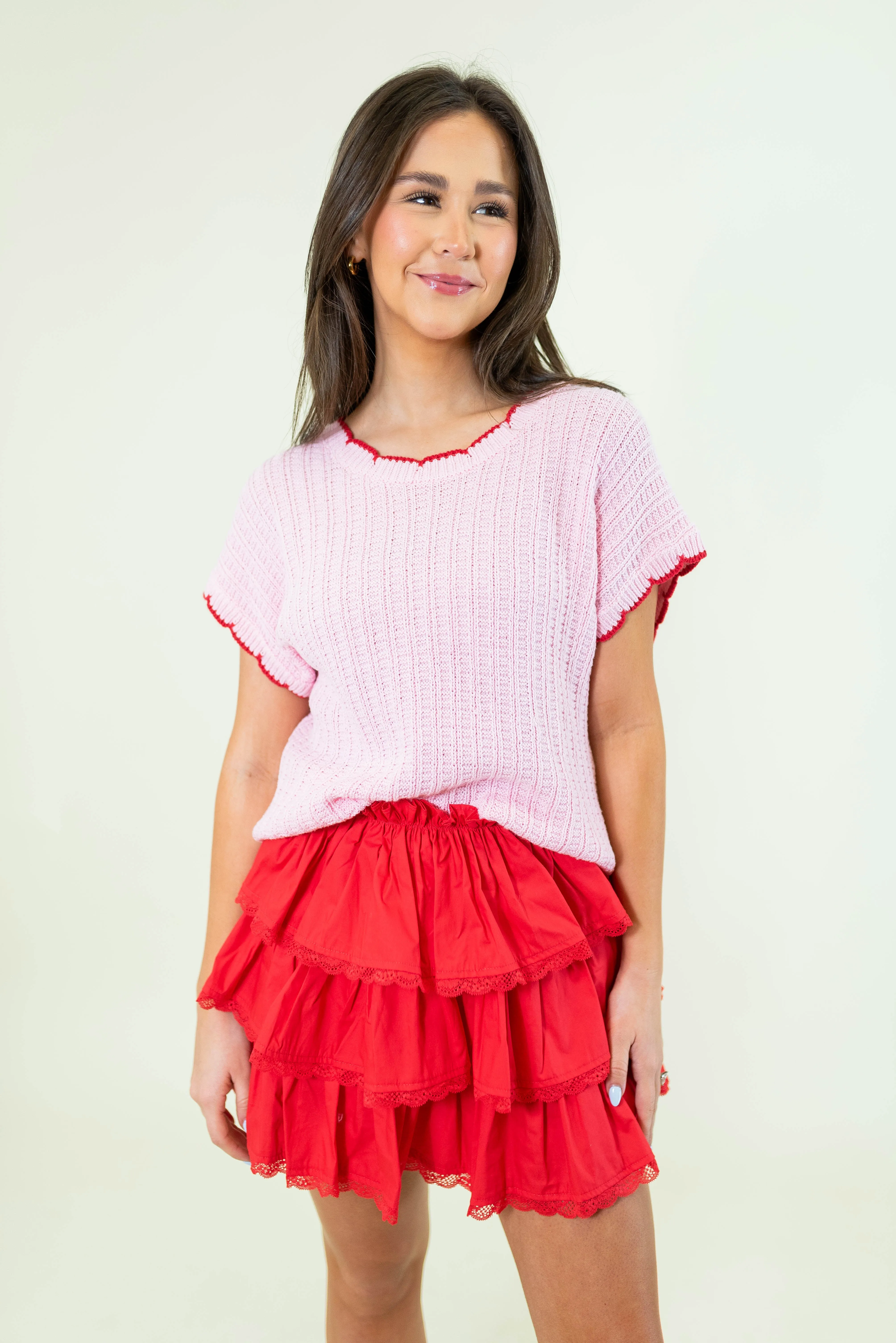 Scallop Edge Sweater Top - Pink/Red