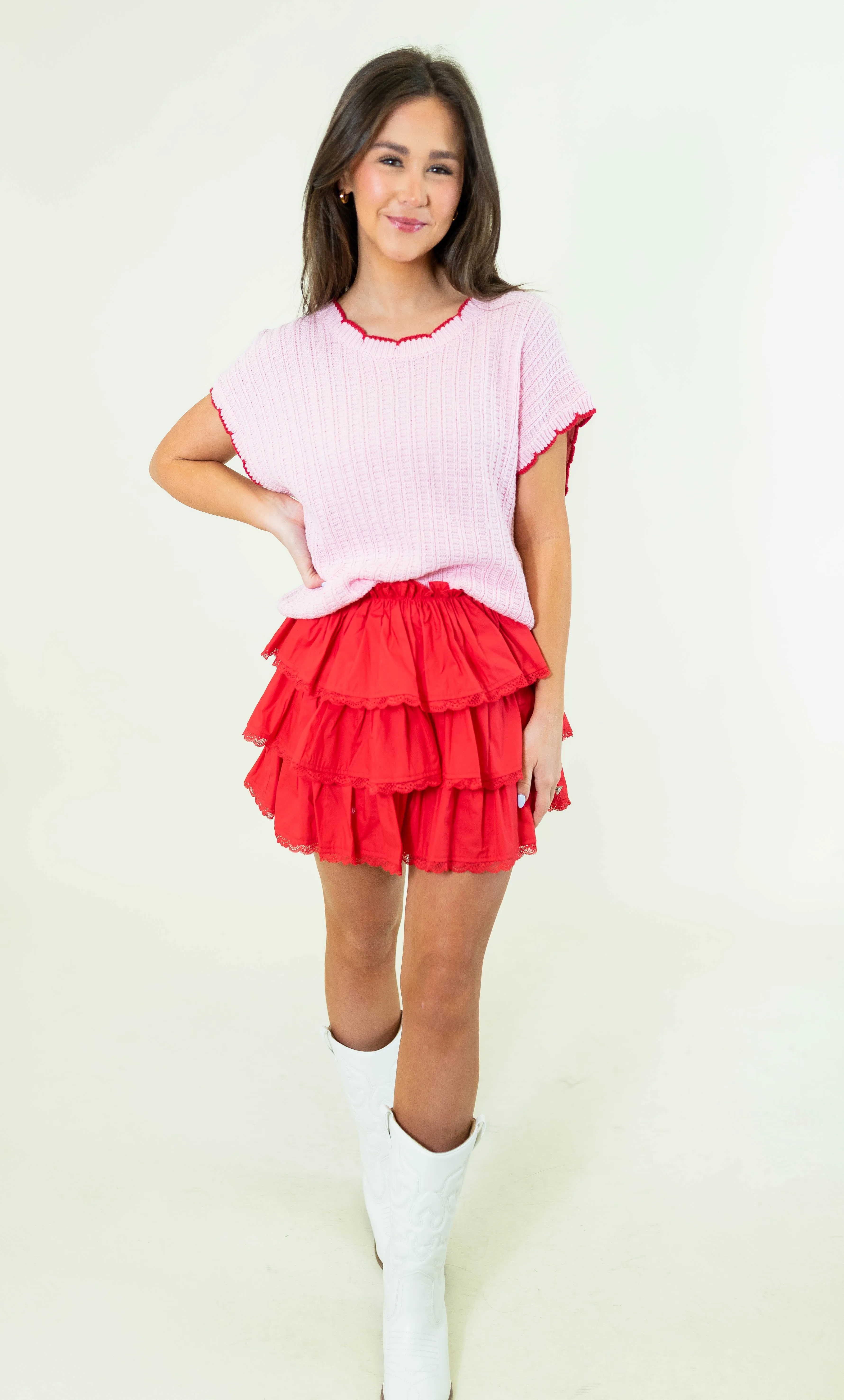 Scallop Edge Sweater Top - Pink/Red