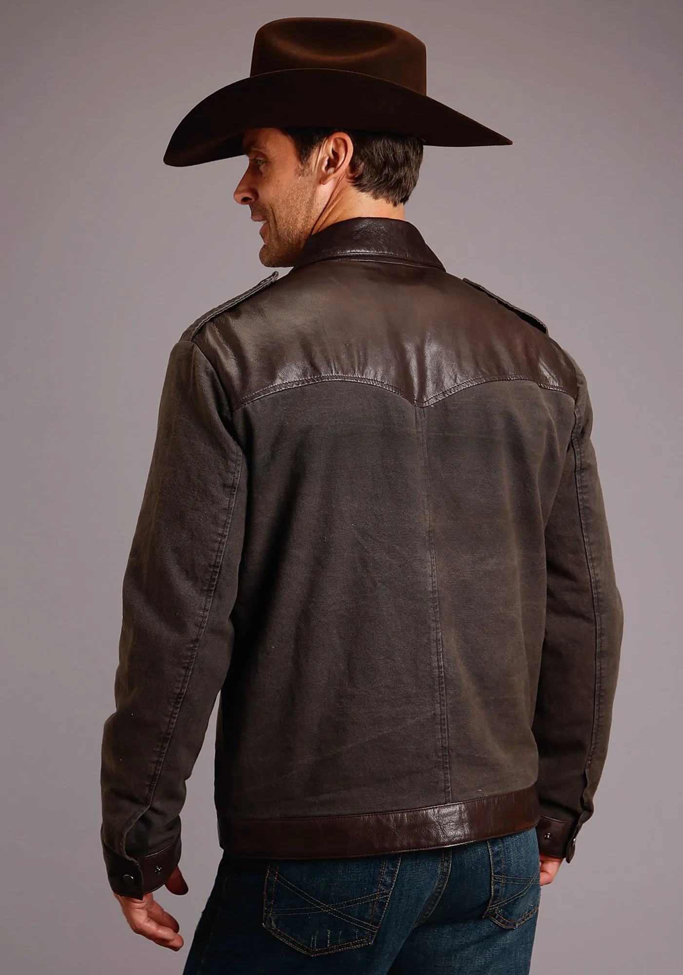 Stetson Mens Brown Leather Canvas Jean Jacket