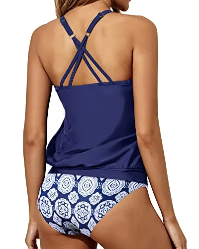 Stylish Criss Cross Back Blouson Two Piece Tankini-Navy Blue Tribal