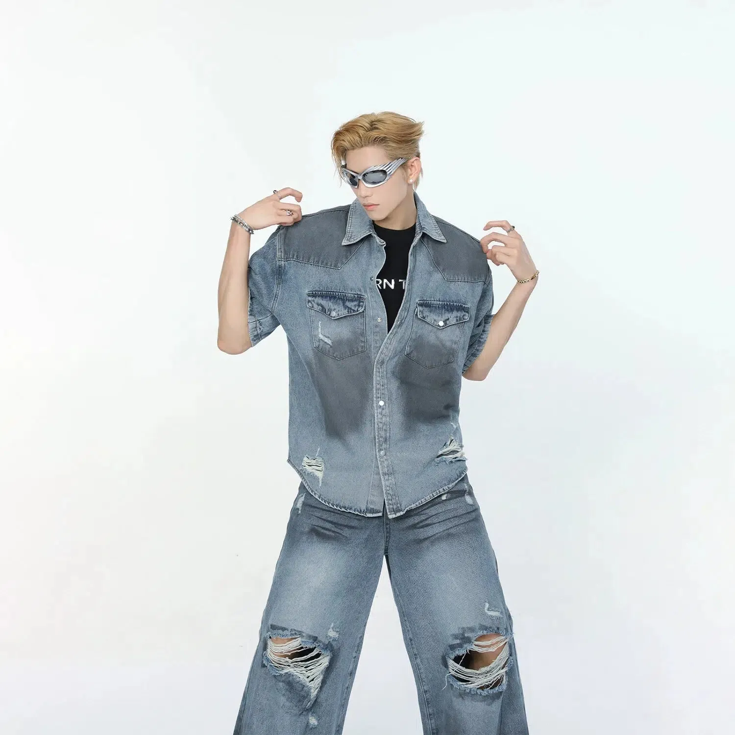 Stylish Distressed Denim Suit Set