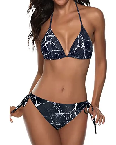 Stylish Double Rise And Scrunch Bikini Sets For Women-Black Marble